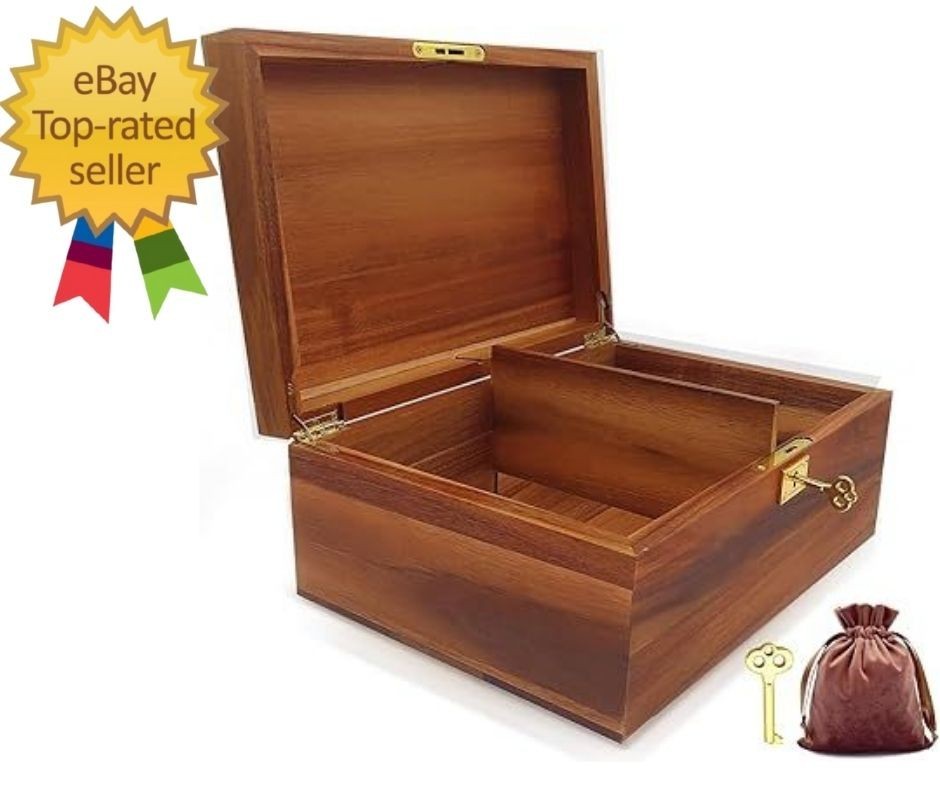 Wood Box Large Decorative Wooden Storage Box with Hinged Lid and Locking Key Pre