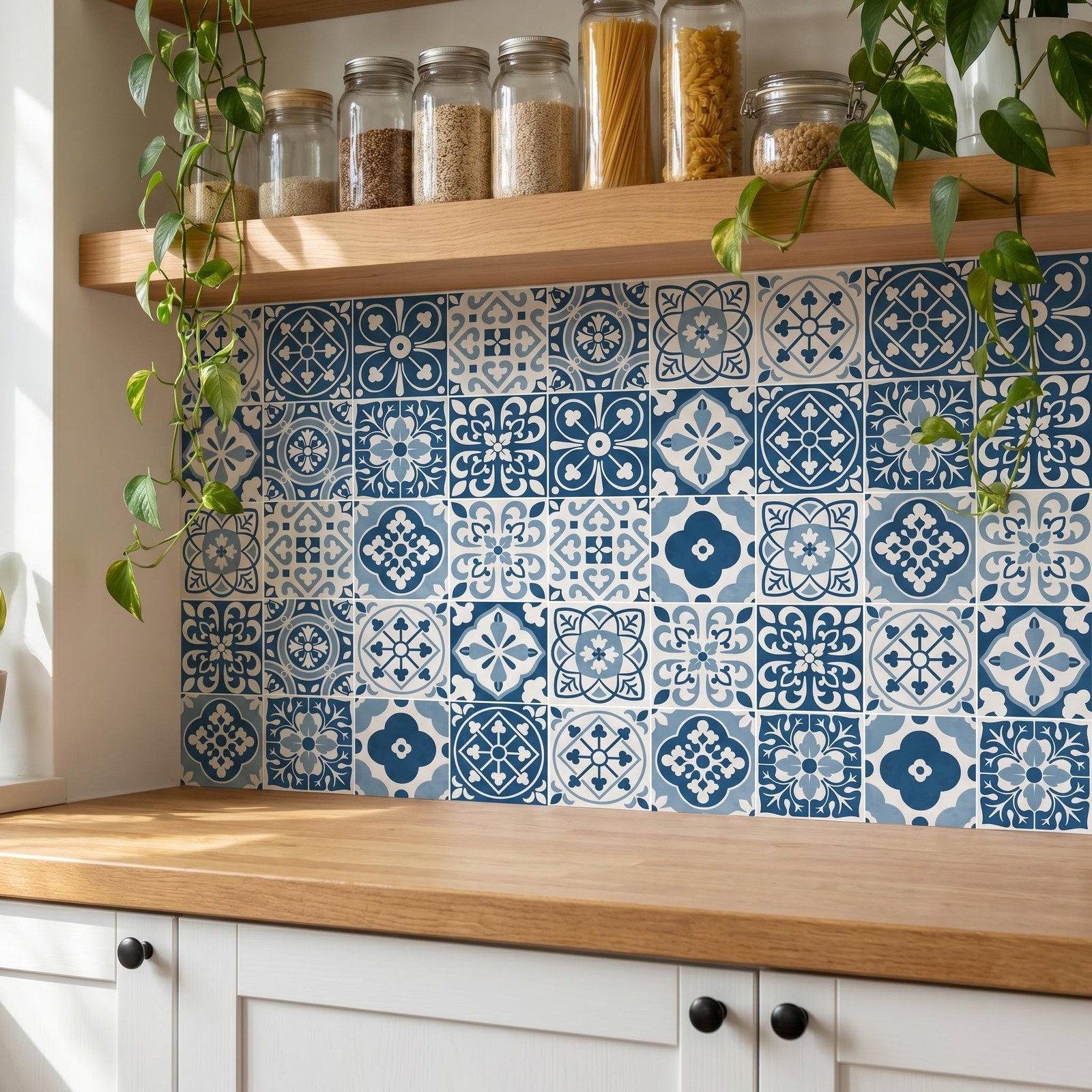 30 Pack Blue and White Peel and Stick Backsplash, 4×4 Inch Mediterranean Tile…