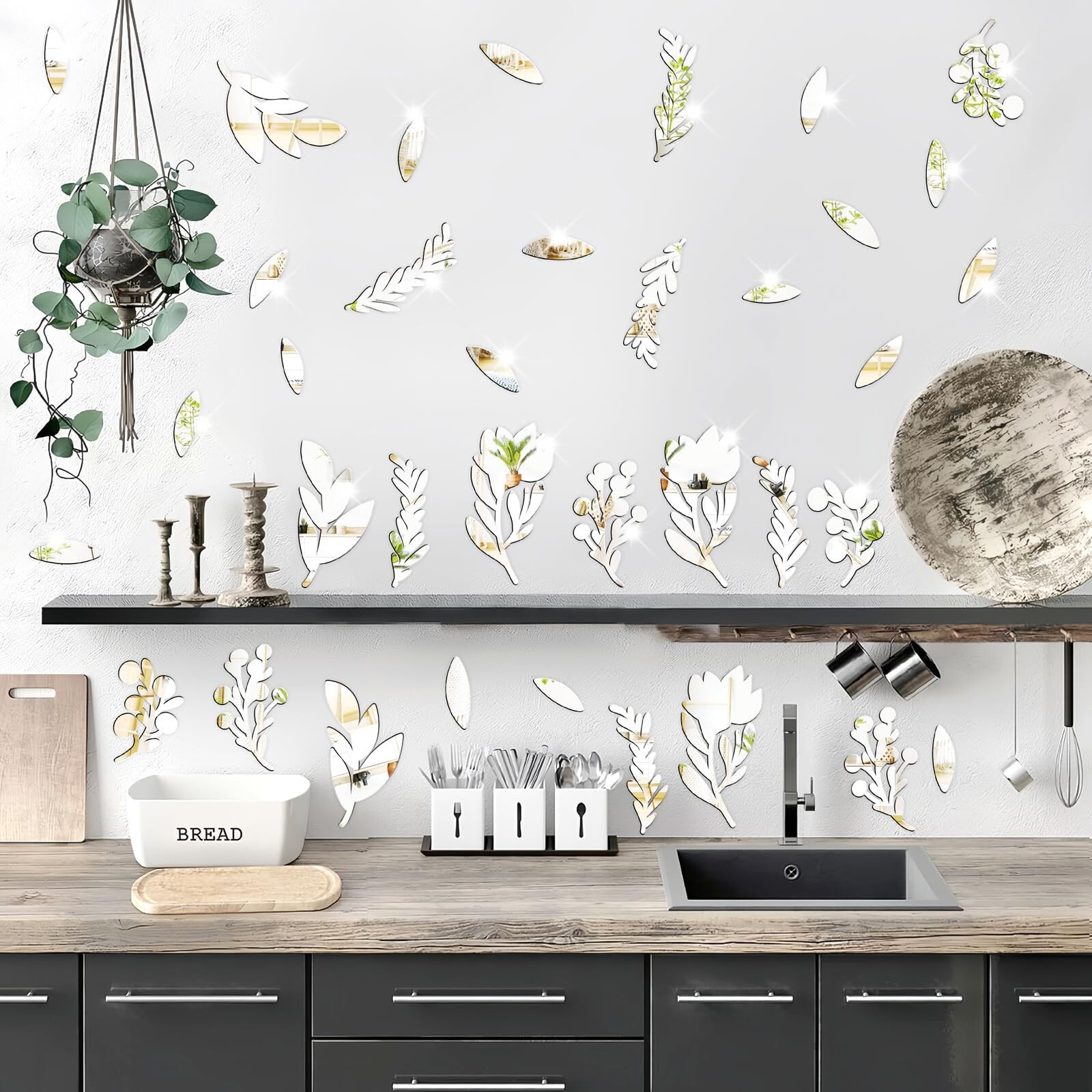 Floral Leaf Wall Stickers Decor Acrylic Mirror Stickers for Walls 3D Silver M…