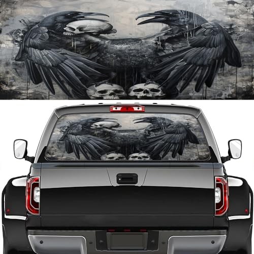 Pickup Truck Decals Rear Window, Black Bird 22W x 66L inch Vintage Raven Skull