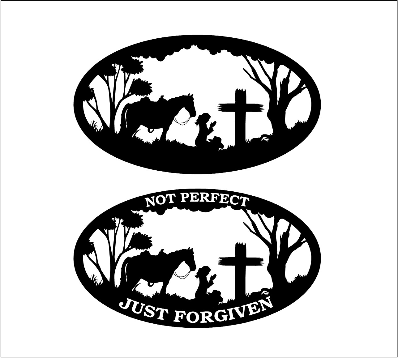 Cowgirl Praying Kneeling Scene Cross Oval Decal Window Bumper Sticker 2 Sizes #1