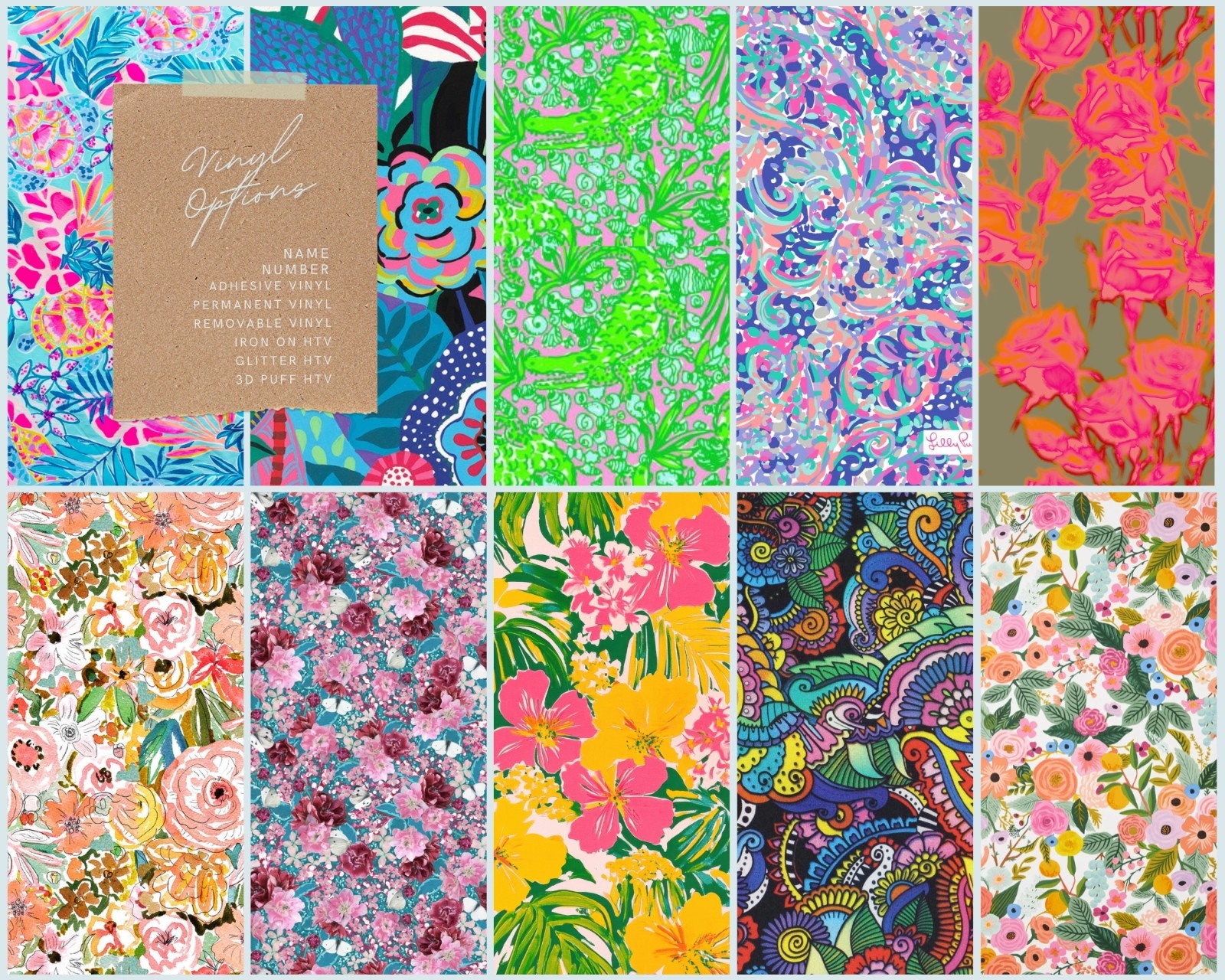 24 Lilly P Premium Vinyl Patterns & Iron on HTV, for Cricut cutting machines