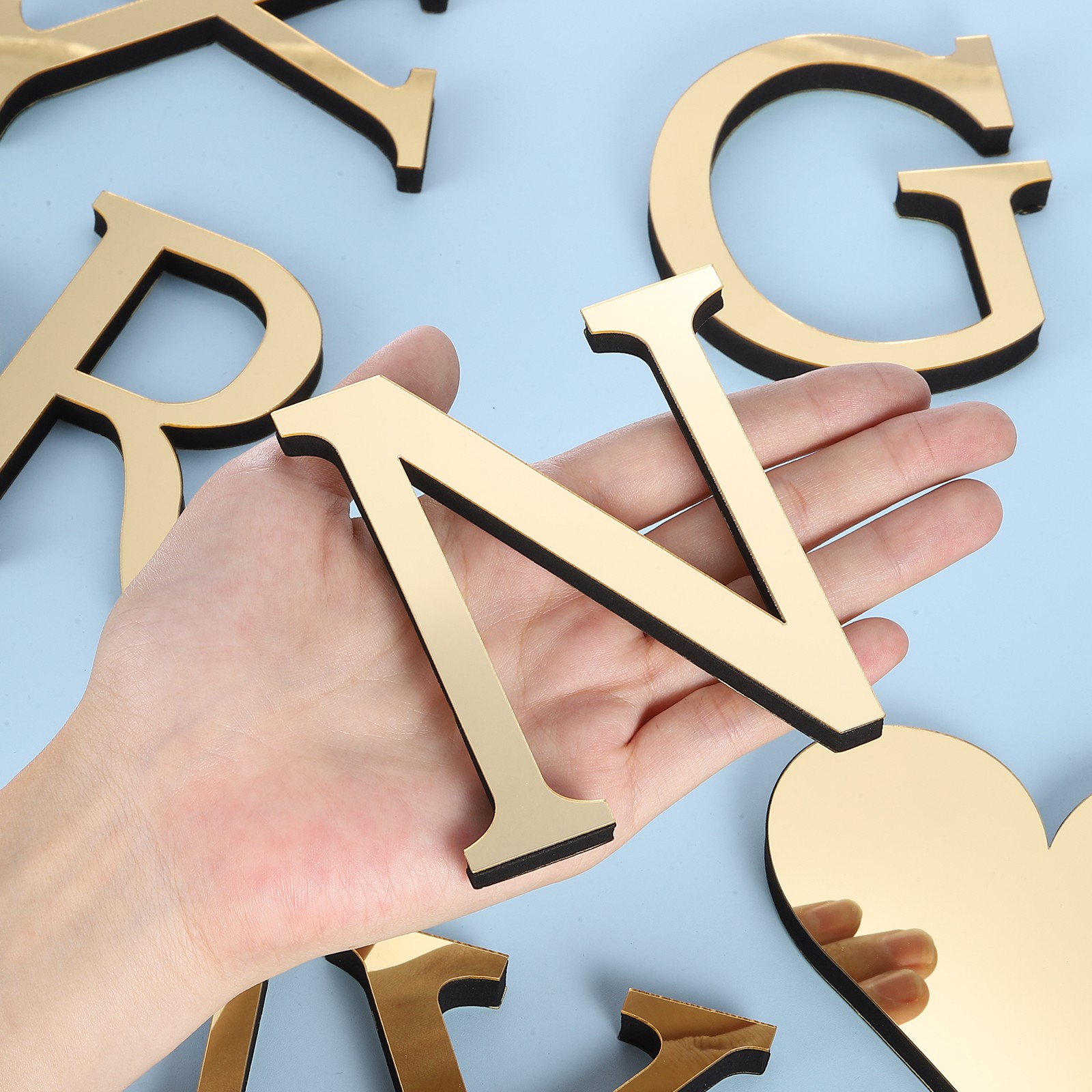 3D Acrylic Alphabet Mirror Wall Stickers Letter N Self-Adhesive Light Gold