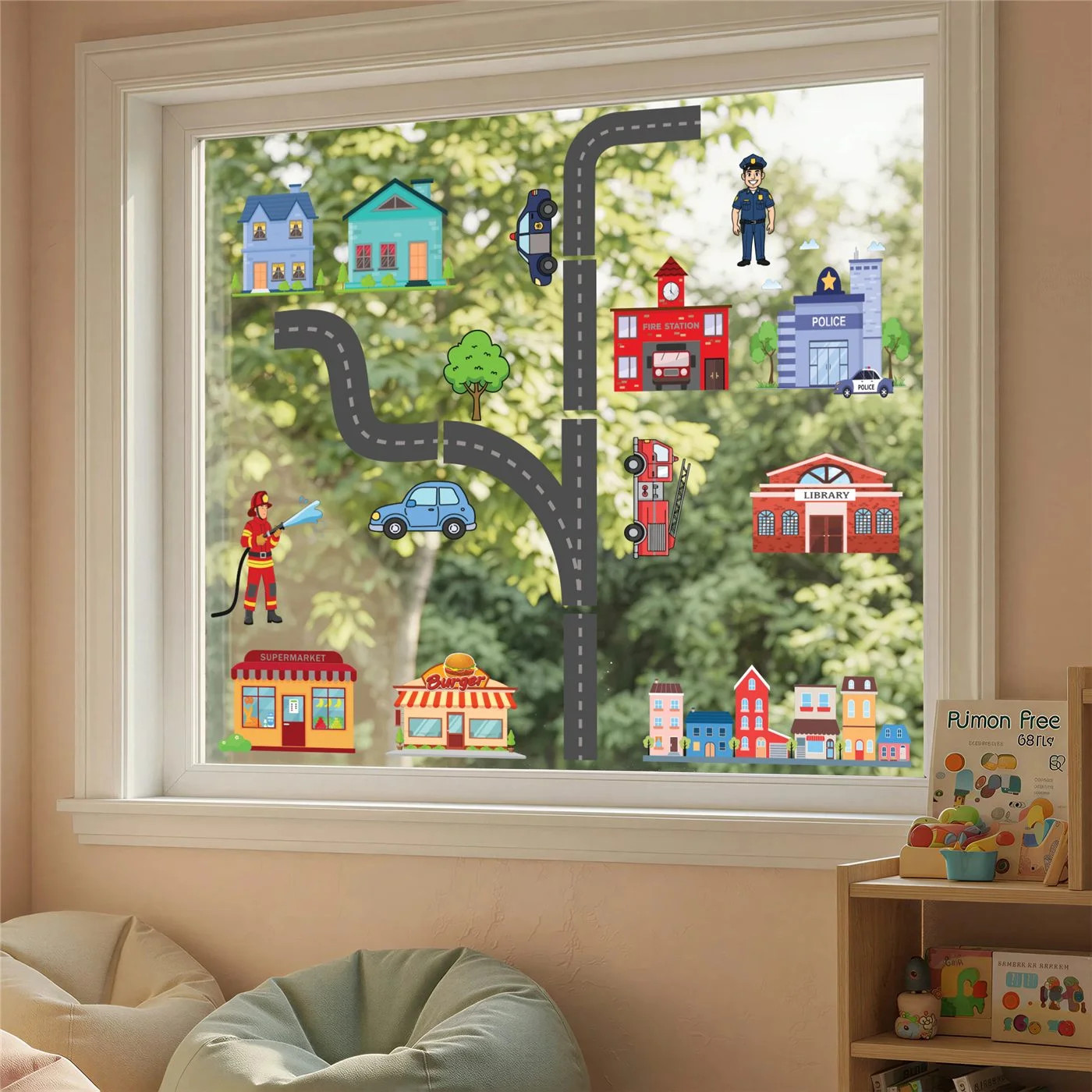 Road & Town Window Cling Set 35 Pc Cars Trucks Kids Static Clings Playroom