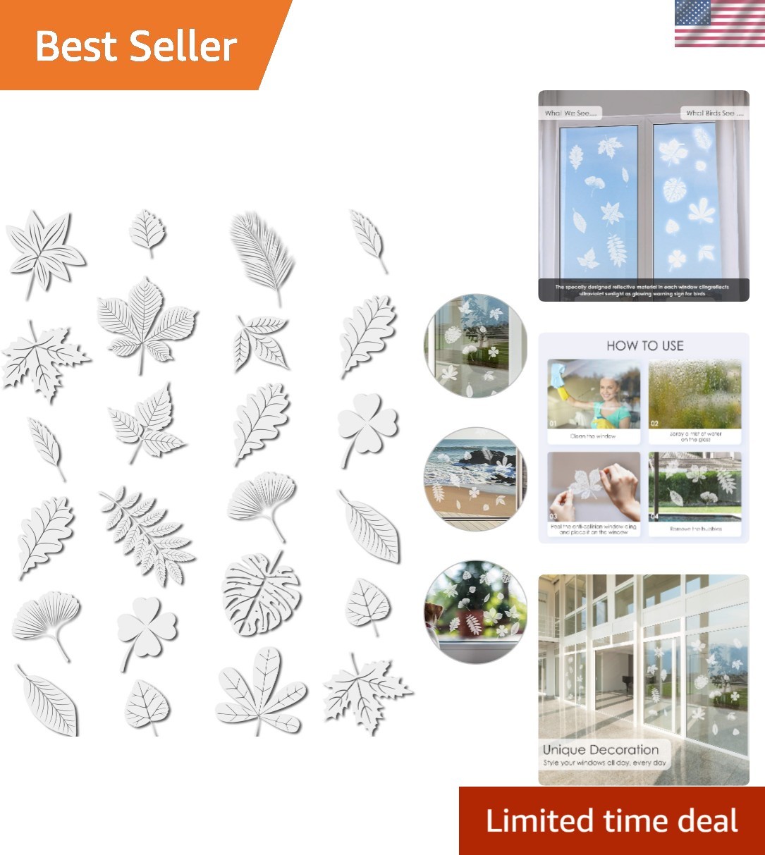 Reflective and Attractive Leaf Window Stickers – 32 Count Bird Safety