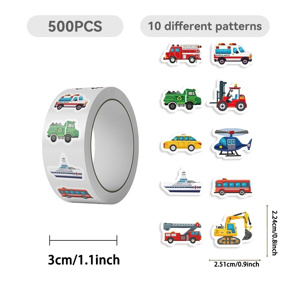 500Pcs Cute Construction Vehicle Stickers Roll Kids Rewards & Party Favors