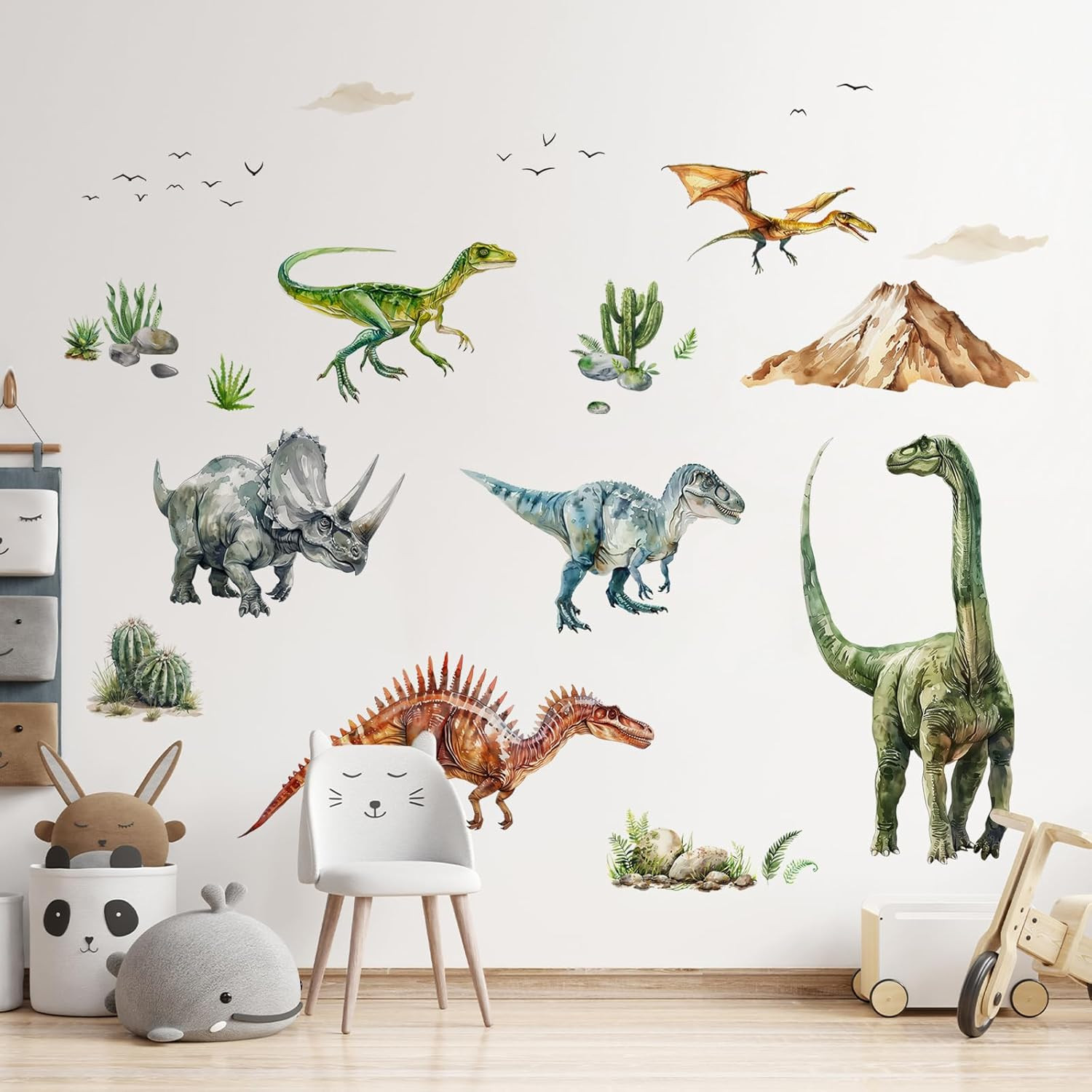 Dinosaur Wall Decals, Large Dino Wall Stickers Volcano Tropical Plants Cactus Pe