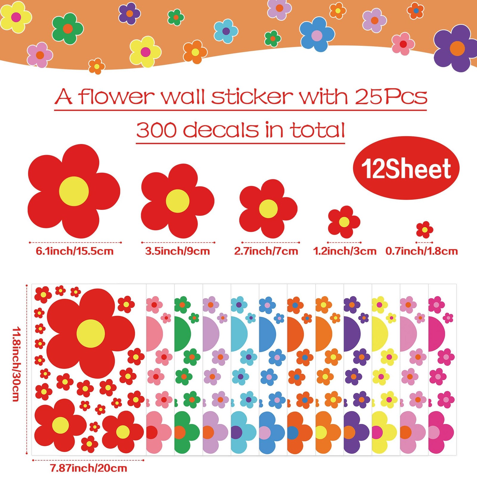 12 Sheets Flower Wall Decals Cute Colorful Floral Wall Stickers Vinyl Peel an…
