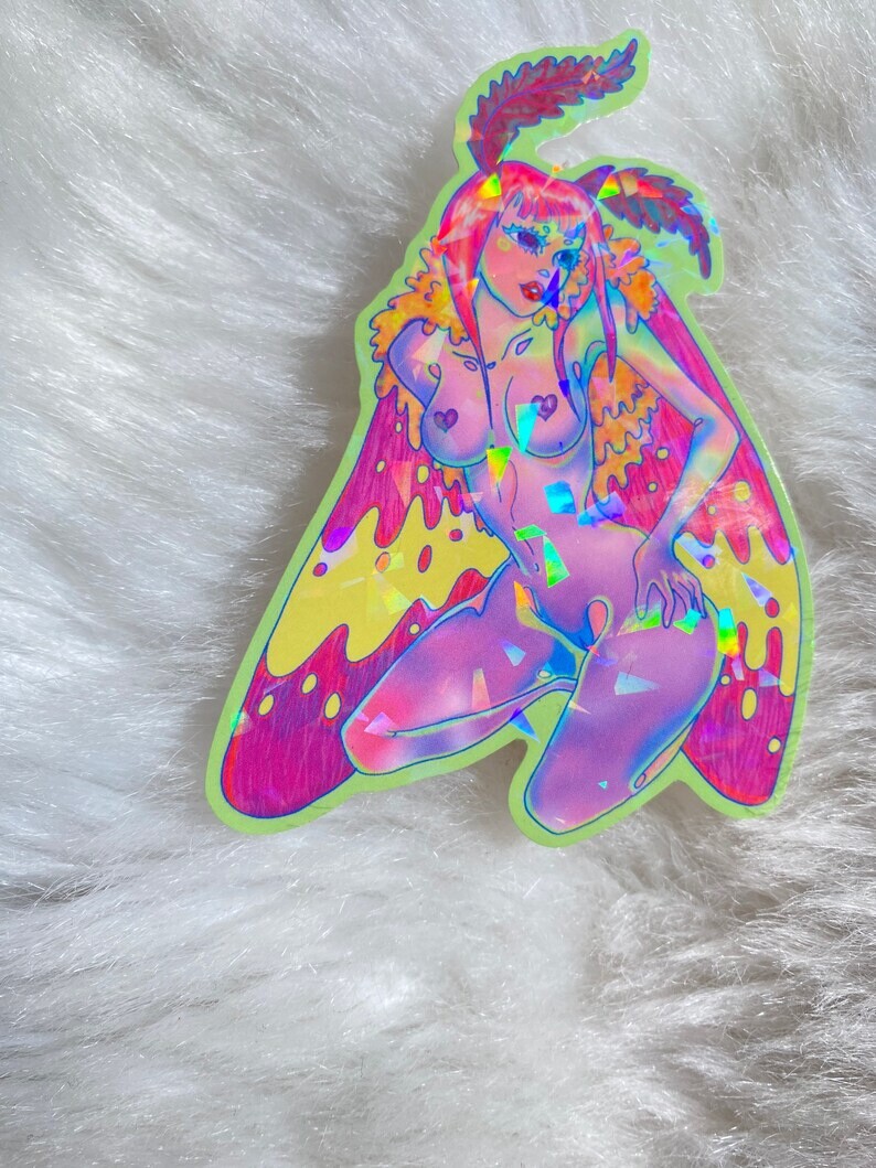 Rosy Maple Moth Fairy Holographic Sticker 4” X 2.75”