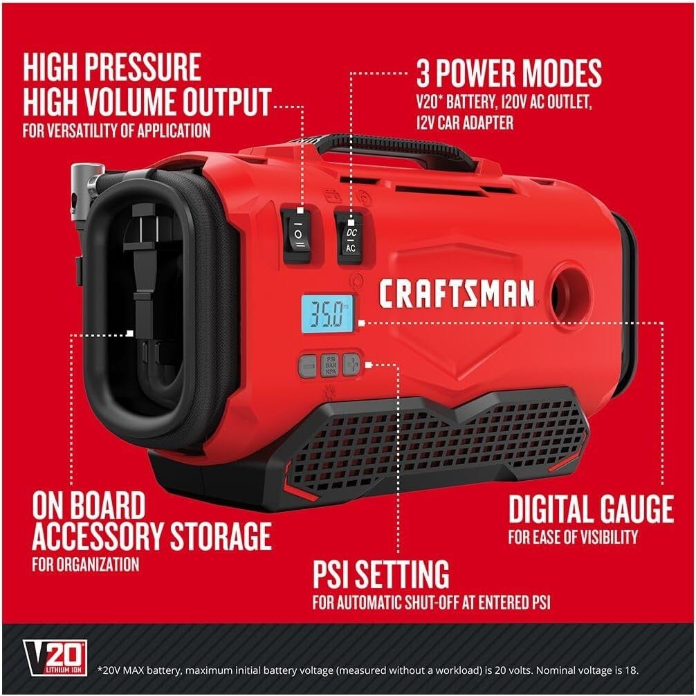 V20 Tire Inflator Portable Air Compressor, Car Air Pump, 3 Modes Tire Pump: Cor