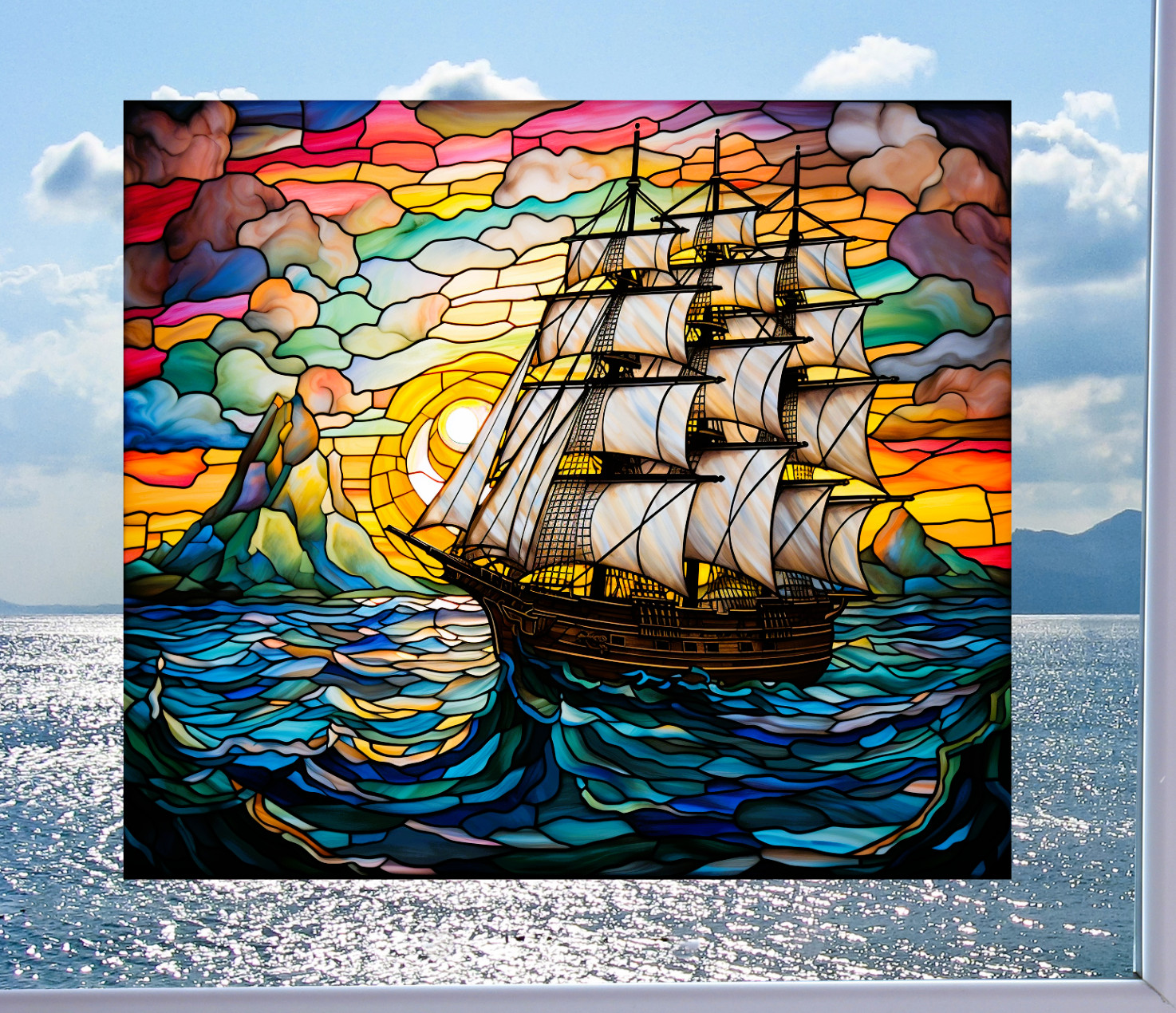 Sailing Ship at Sunset Faux Stained-Glass WINDOW CLING Size 9.1" Vinyl
