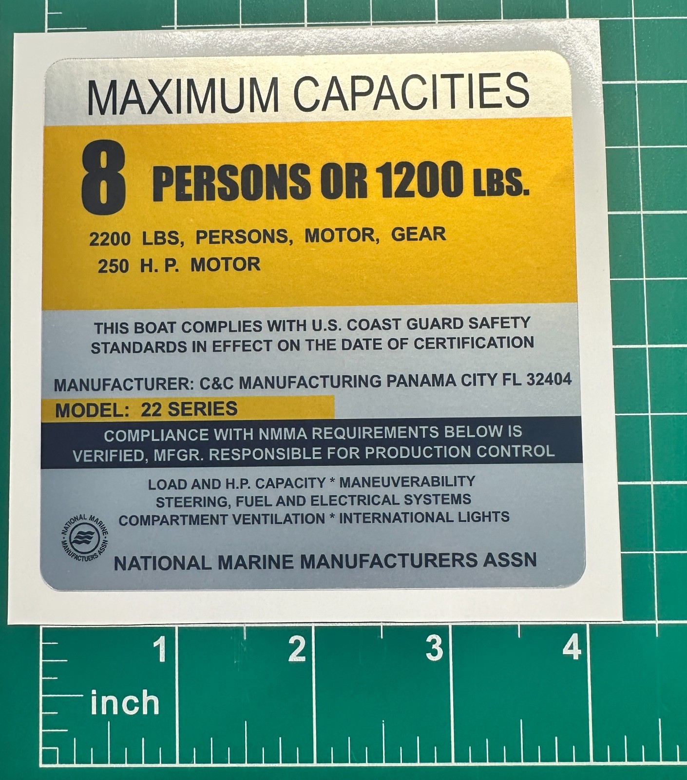 Boat Capacity Plate Sticker 8 Persons 1200 LBS 250 HP C&C 22 Series Decal 4×4