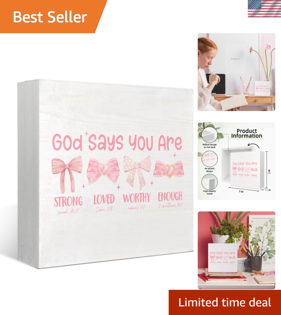Chic Preppy Pink Bow Wooden Box Sign – Uplifting Bible Decor for Girls Rooms