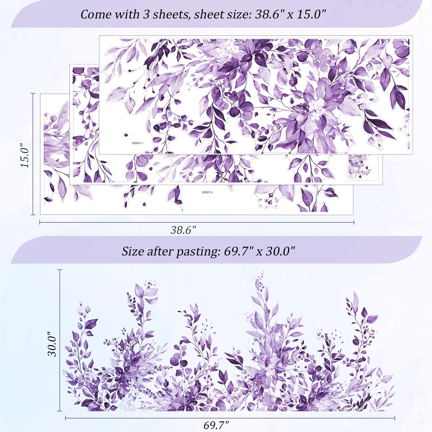 Purple Plants Leaves Wall Decals Peel and Stick, Large Floral Flowers Wall St…