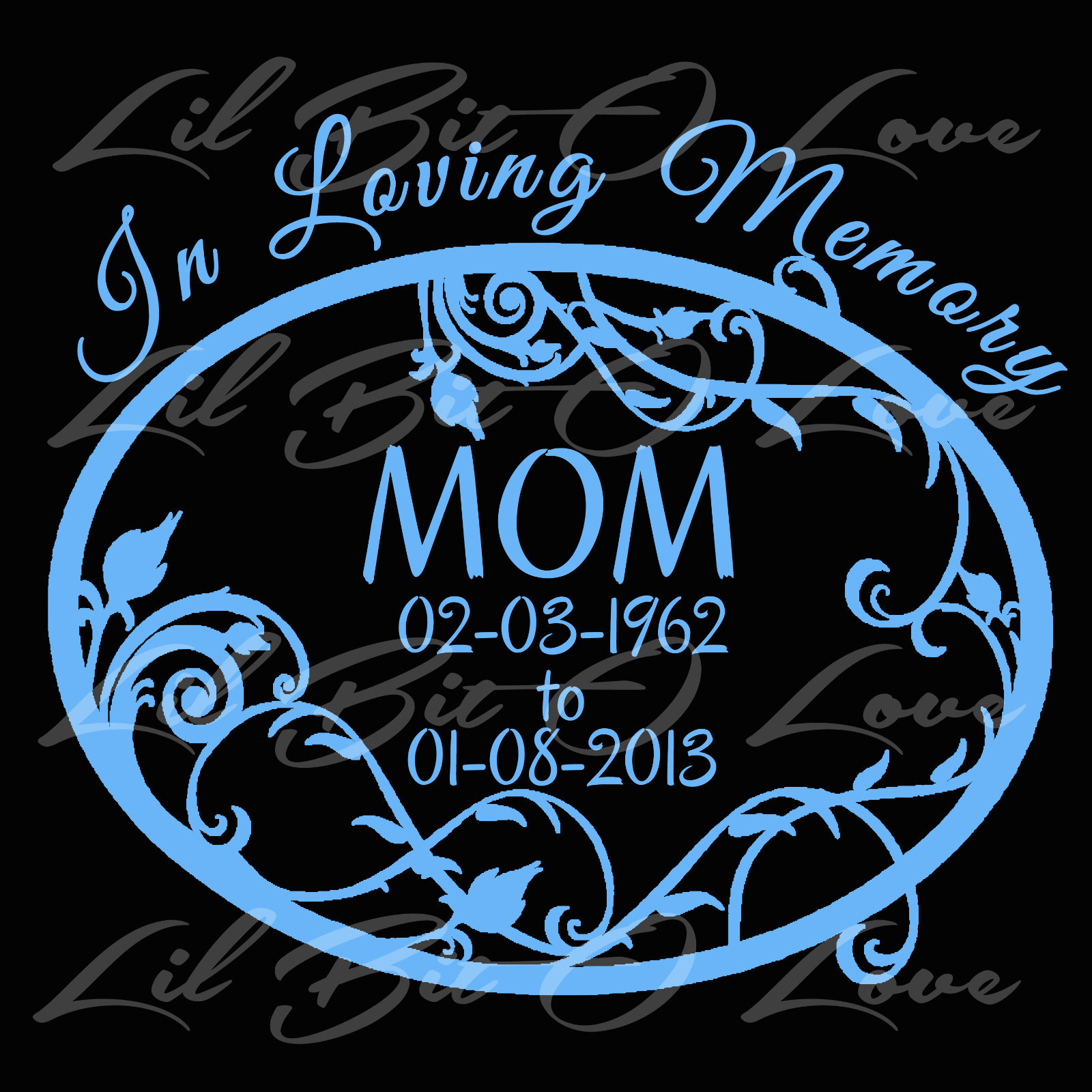 PERSONALIZED IN LOVING MEMORY VINYL DECAL WITH FILIGREE OVAL & NAMES AND DATES