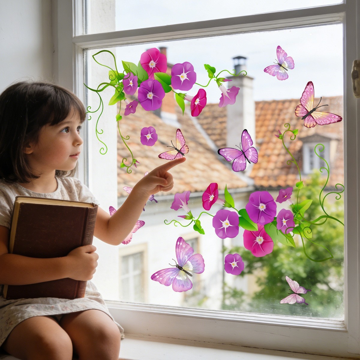 Removable Morning Glory & Butterfly Window Clings for Glass 11.81×23.62 in PVC