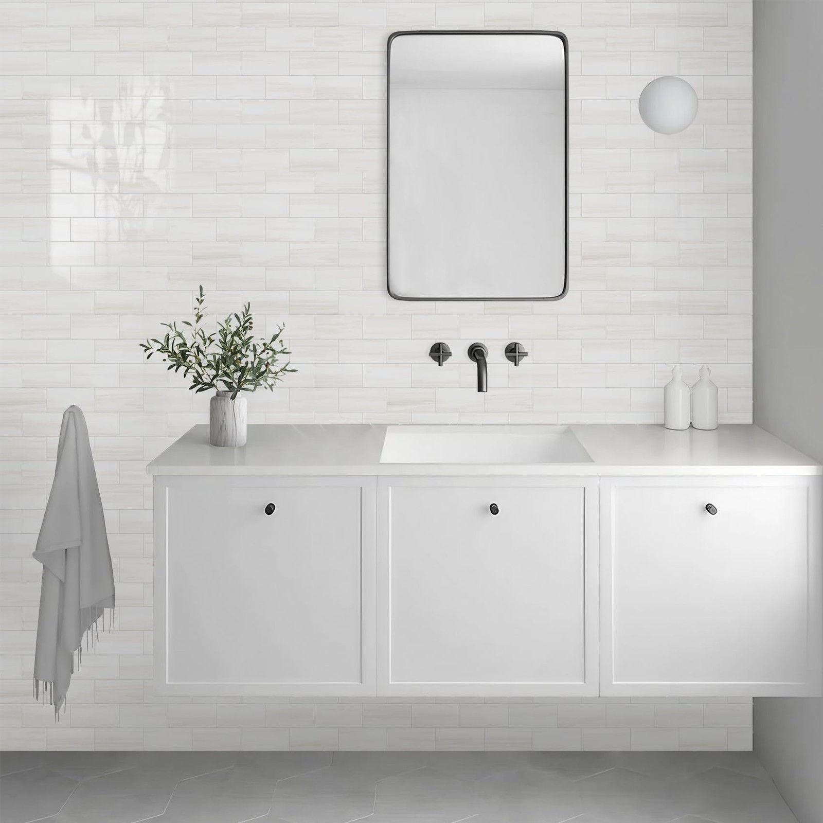 100-Piece Glossy Dolomite White Peel and Stick Backsplash Tile,3"x6" PVC Su…