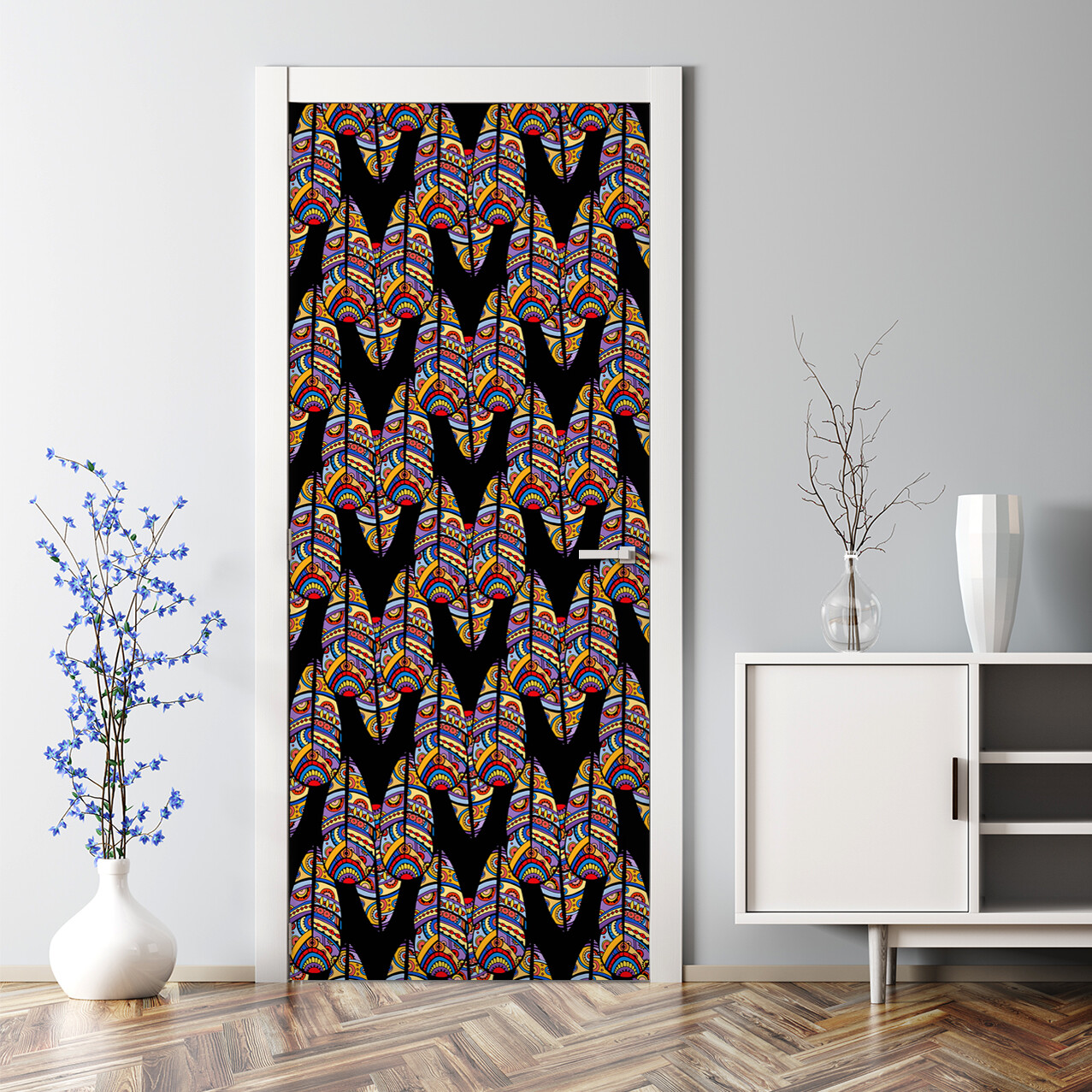 Tribal art Adhesive Door sticker Colourful purple and yellow Decal traditional