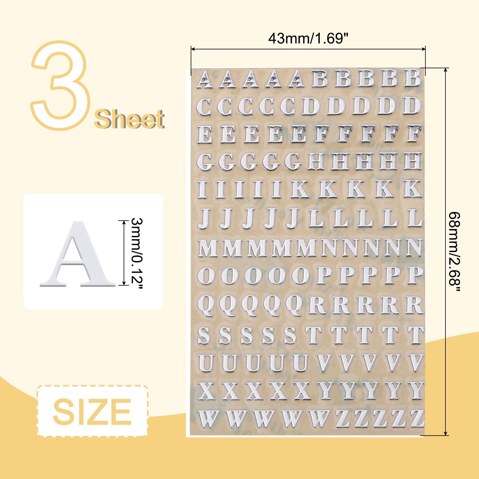 3 Sheets 3mm/0.12 Inch Mini Letter Stickers Uppercase A-Z Sticker Silver