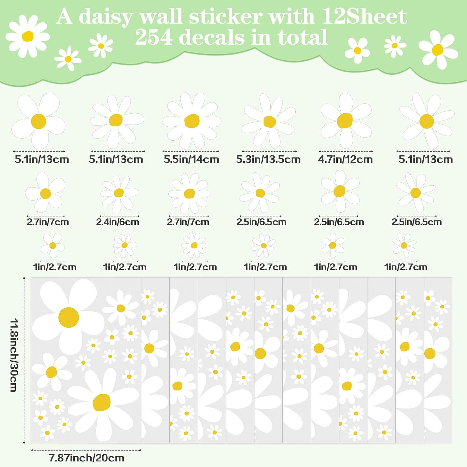 12 Sheets Daisy Wall Decals Flower Wall Stickers Girls Room Decor Peel and Stick