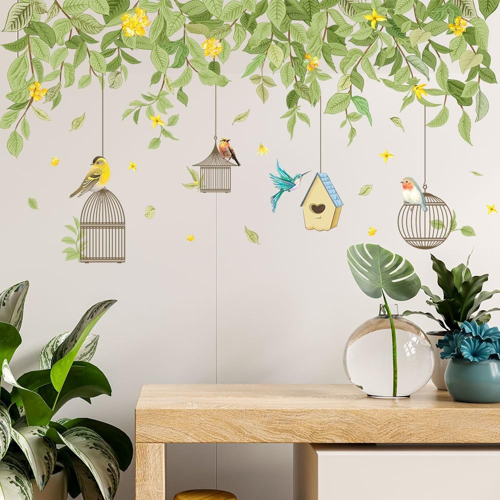 Hanging Green Leaf Wall Stickers Decor Yellow Floral Flower Leaves Bird Cage …