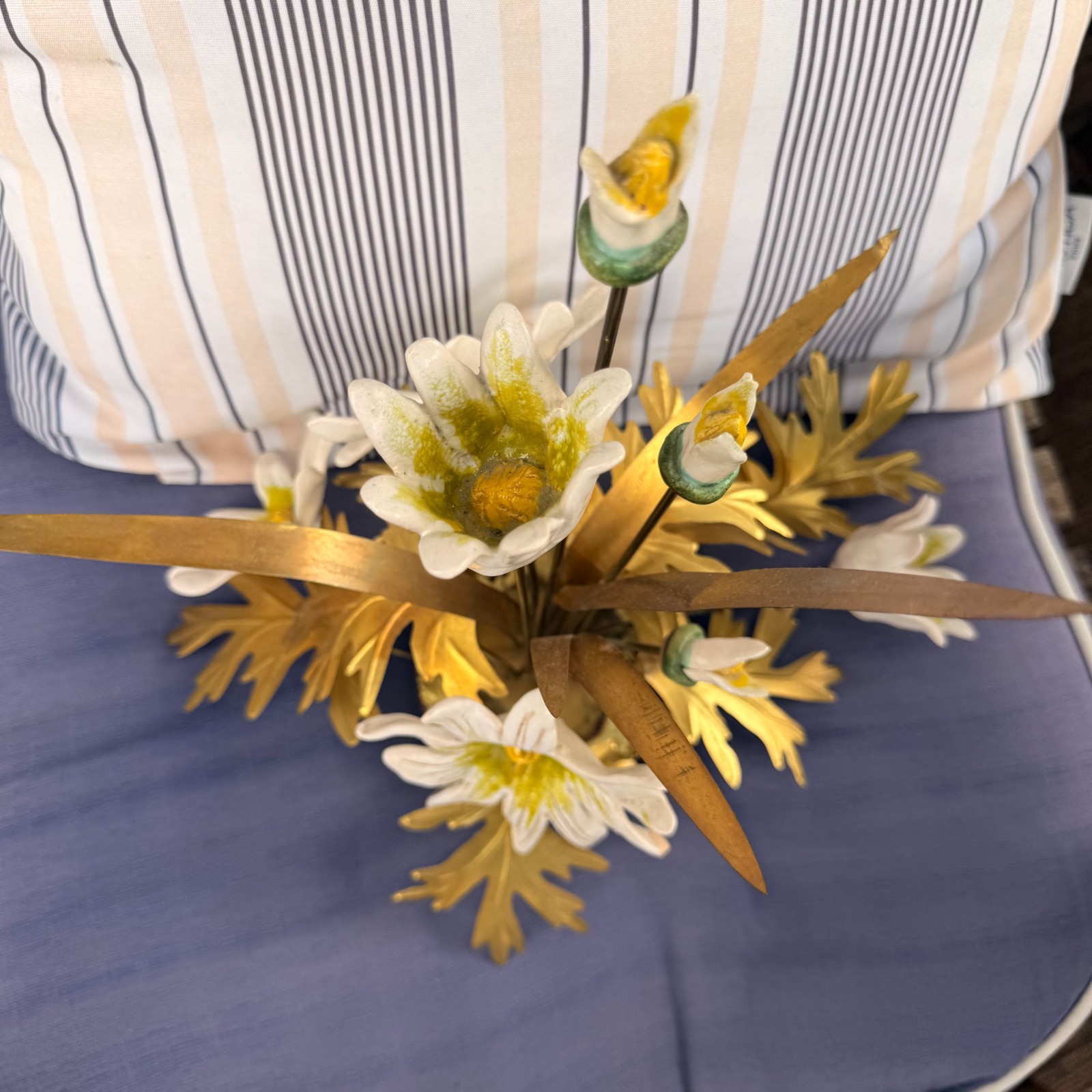 Vinitage Winifred Cole MCM Porcelain Flowers and Brass Leaves Sculpture