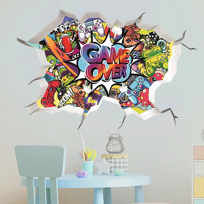 3D Broken Wall Gaming Controller Vinyl Sticker Kids Room Boy Bedroom Decor
