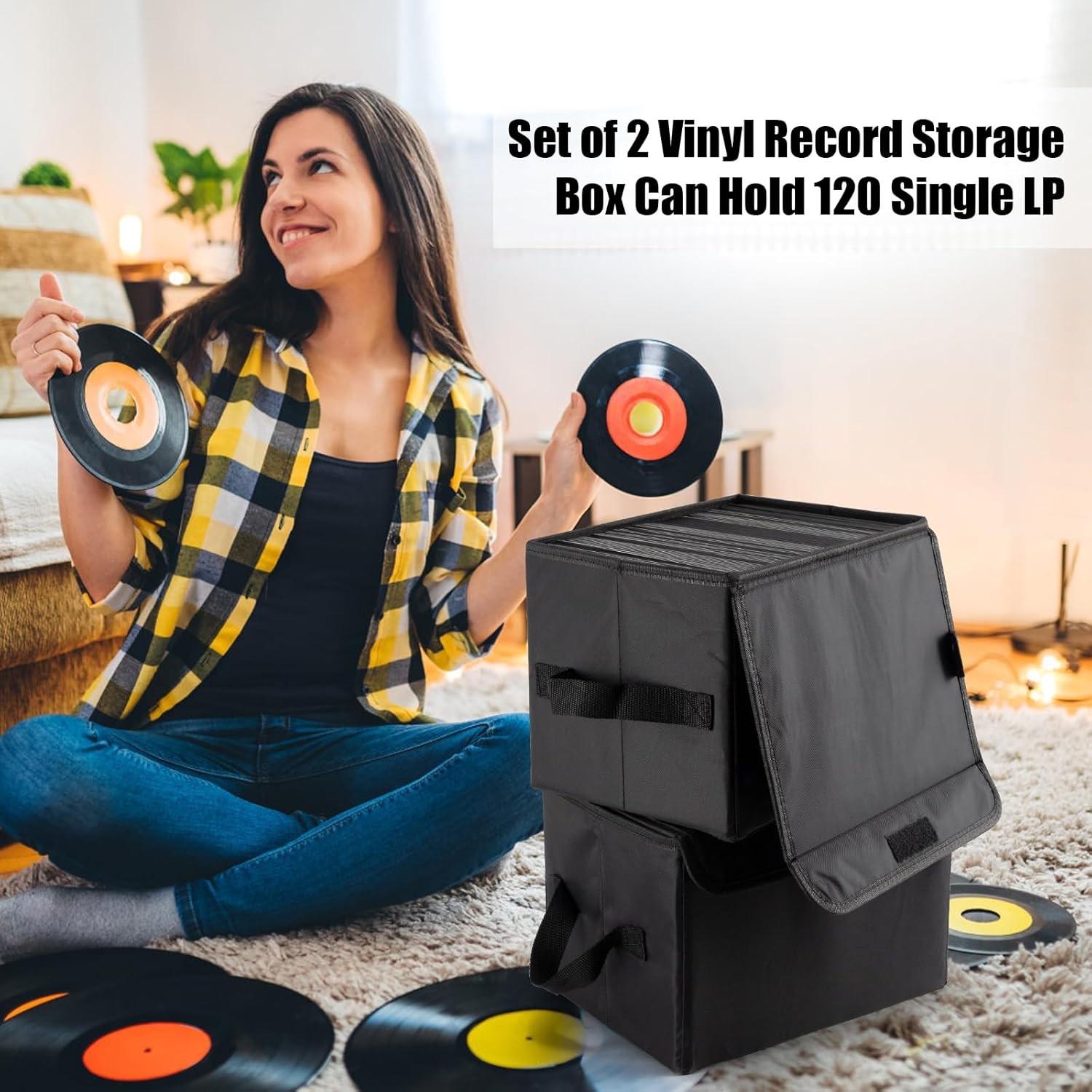 7-inch Vinyl Record Storage Box, Nylon Foldable and Stackable Set of 2 Vinyl LP