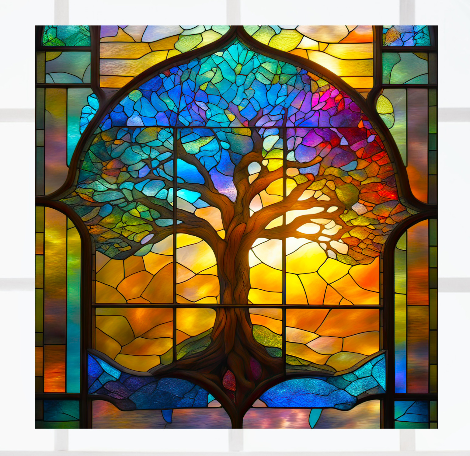 Umbrella Tree ~ Faux Stained-Glass WINDOW CLING Size 8" Square Vinyl