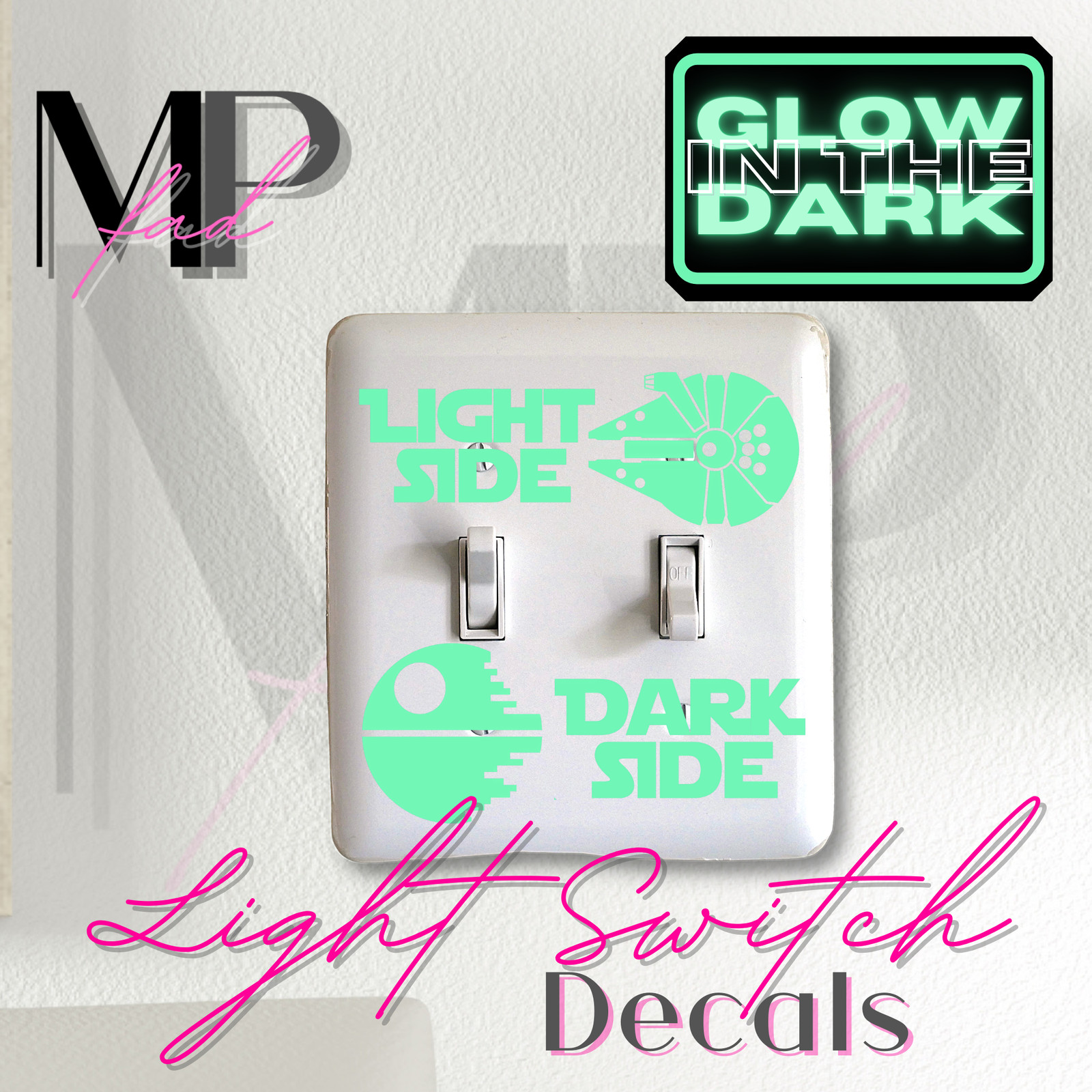 Star Wars LIGHT Switch Decal DARK SIDE Vinyl DEATH STAR FALCON GLOW-IN-THE-DARK