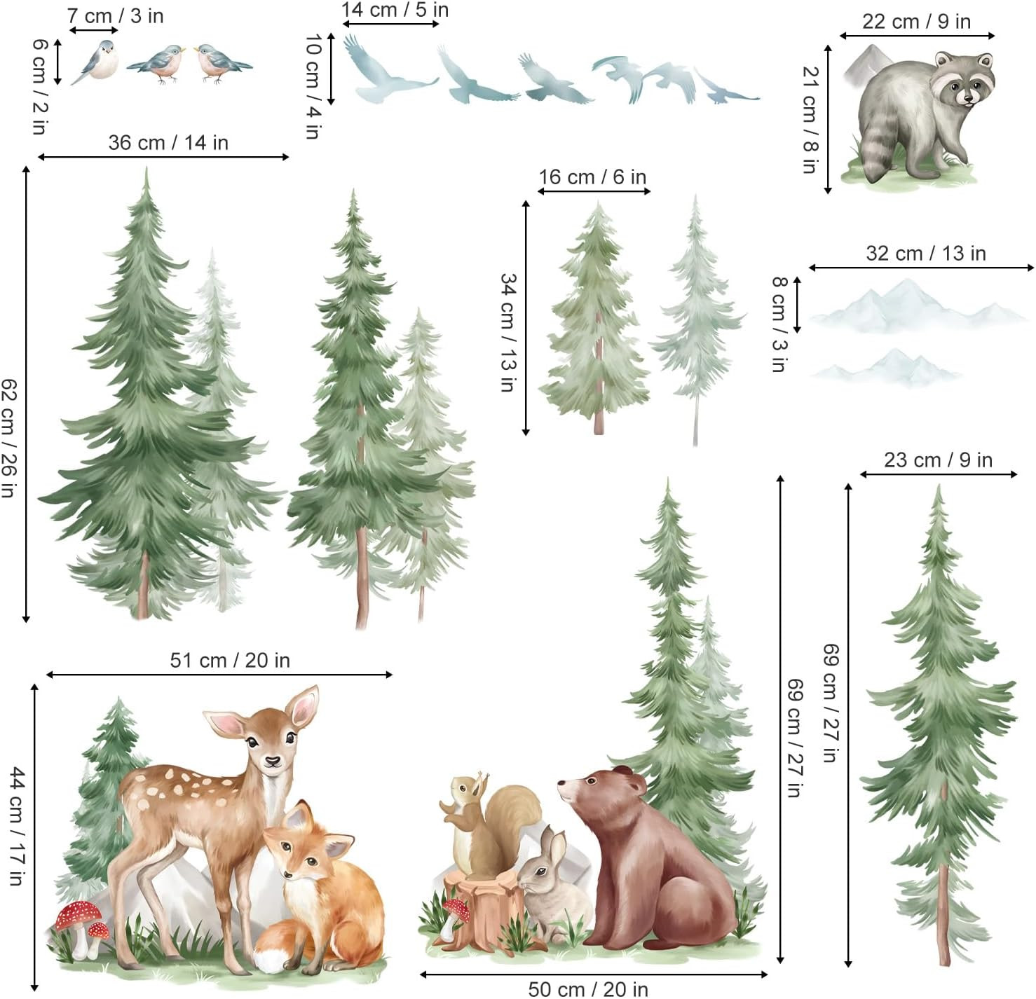 Mountain Tree Wall Stickers Large Pine Tree Forest Animal Bear Fox Peel and Stic