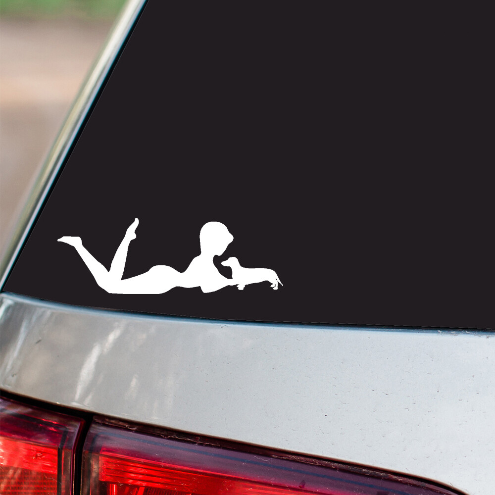 Girl with Dachshund Sticker Dog Puppy Wiener all chrome and regular vinyl colors