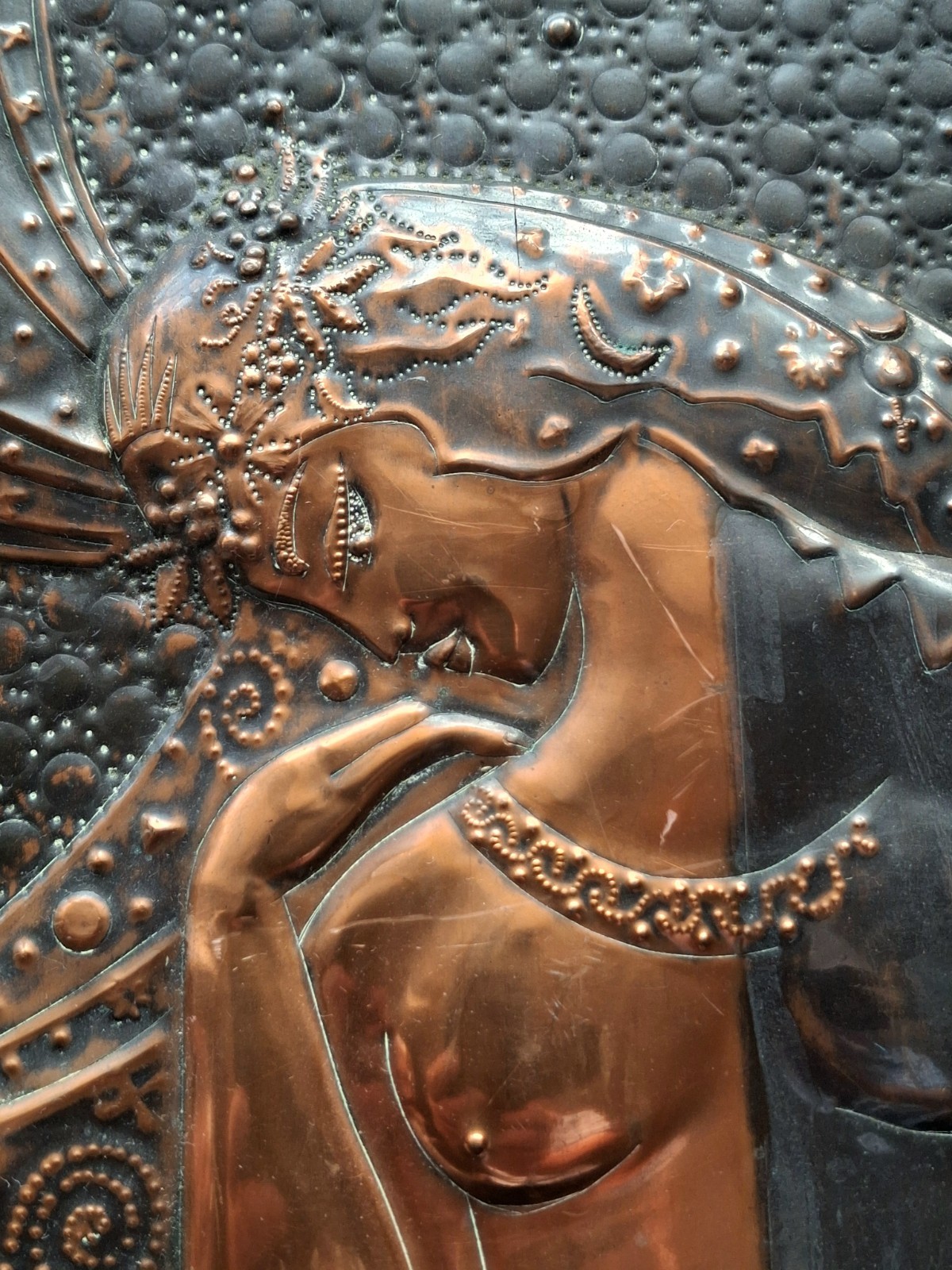 Art Deco Style Copper Wall Plaque Female Figure Celestial Repoussé Panel