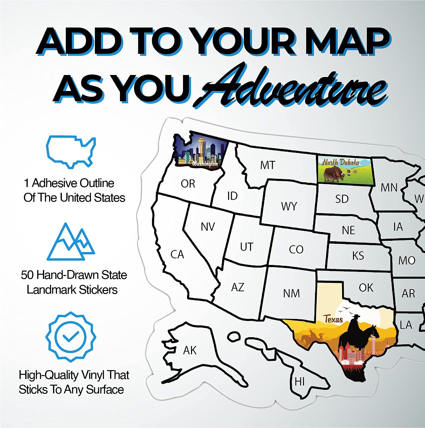 RV State Sticker Travel Map – 17 x 11 inch Large USA Decal with 50 Waterproof