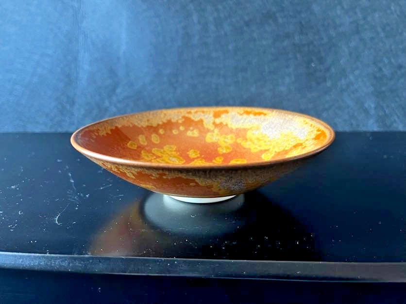Baba Shinemon Japanese Crystal Glaze Tea Bowl Gold Orange Chawan Signed