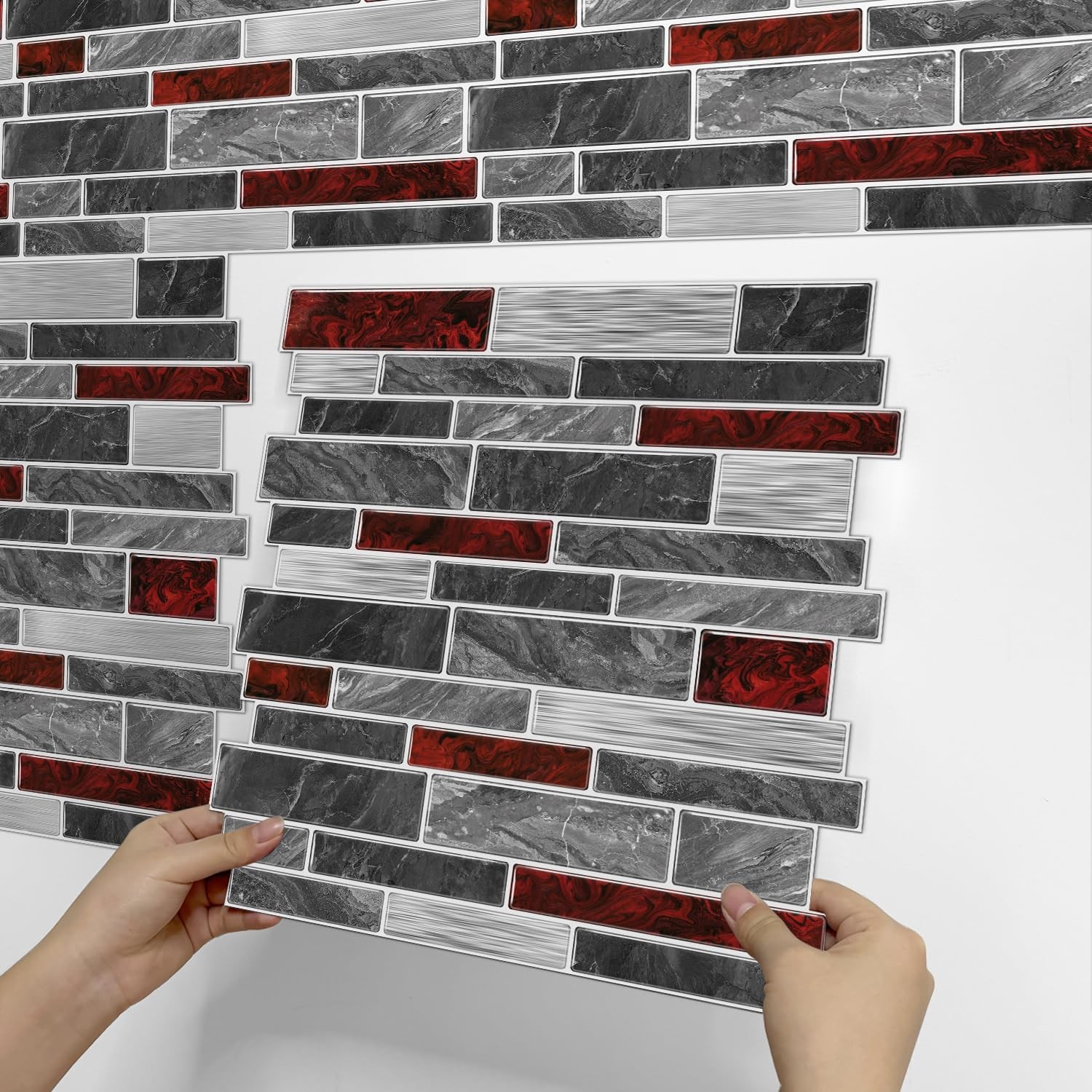10 Sheets 12" x12inch Black and Red Marble Effect Vinyl Tiles, Backsplash, Se…