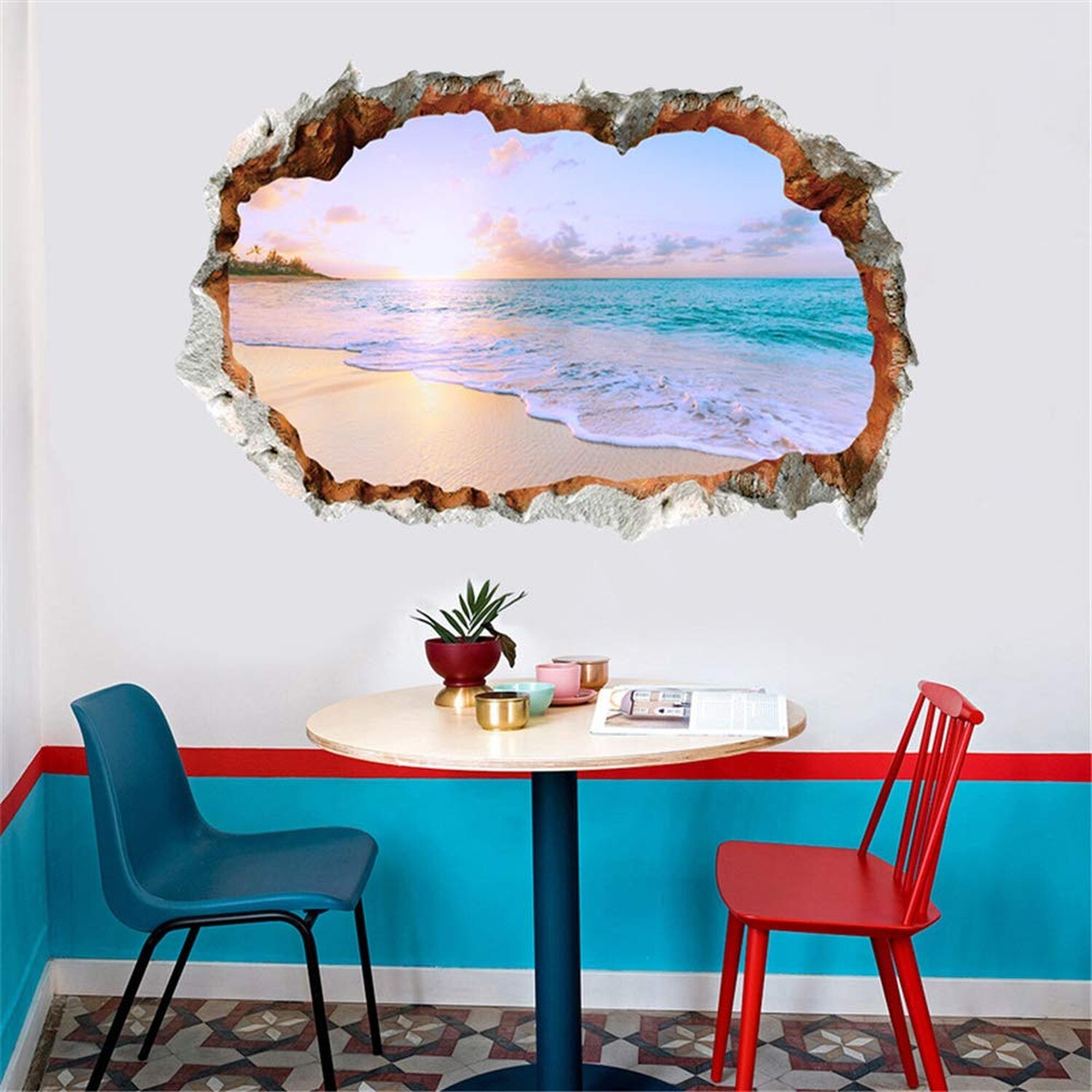 3D Broken Wall Removable Sunny Beach Wall Stickers for Bedroom Living Room St…