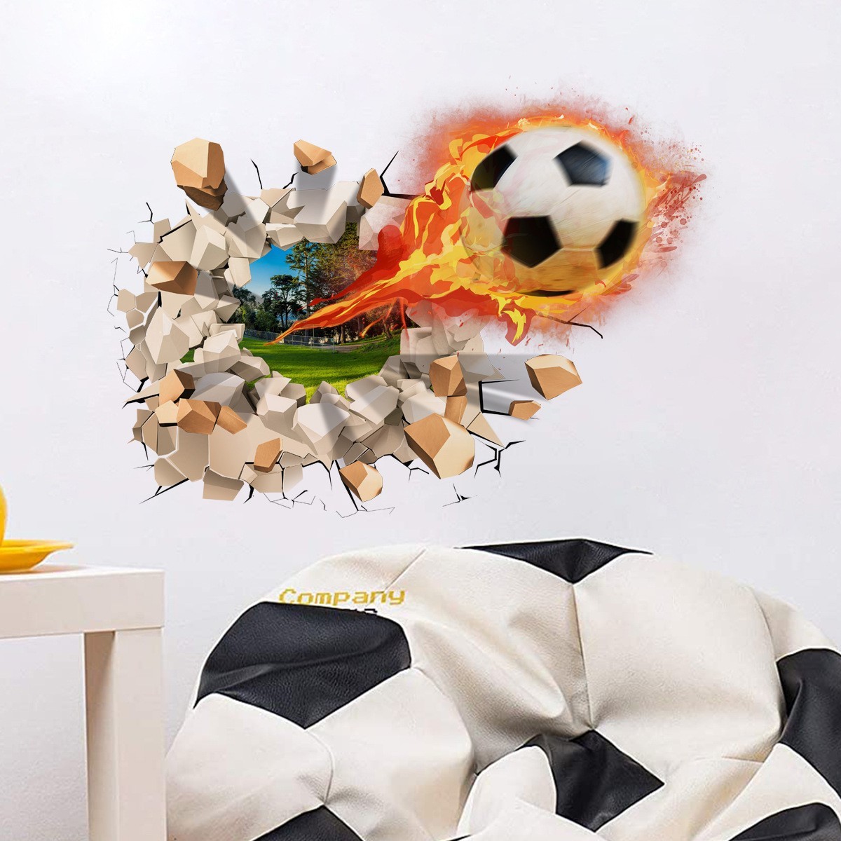 Realistic 3D Soccer Ball Wall Sticker – Cracked Wall Effect 15.7×11.8 Inches