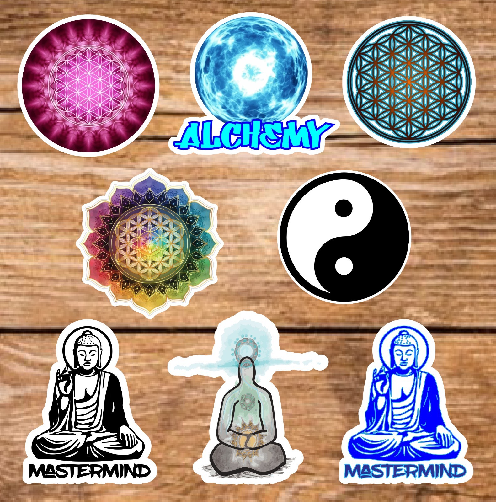 Meditation (8 Sticker Set) 3in, Waterproof, Glossy Finish Vinyl.