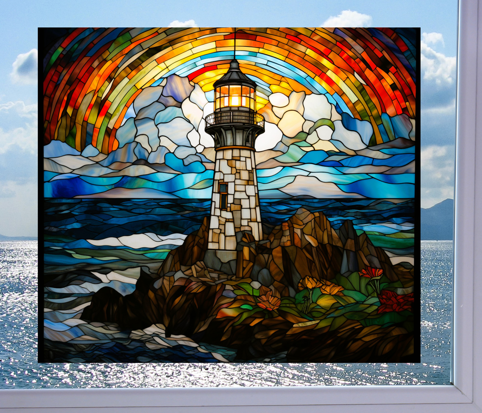 Lighthouse Faux Stained-Glass WINDOW CLING Size 9.1" Repositionable Vinyl