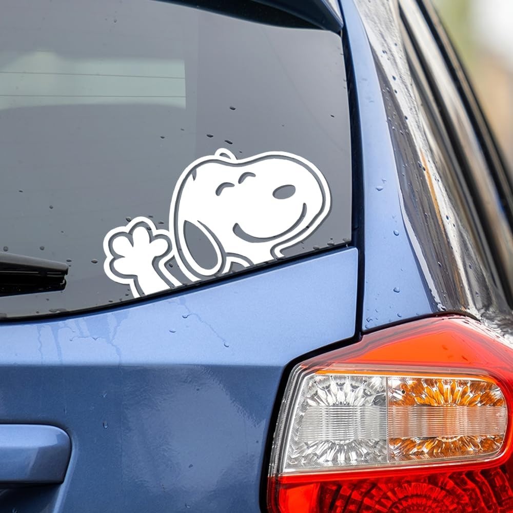Snoopy Waving Cartoon White Vinyl Decal Window Laptop Bumper Sticker 8×4.2 in