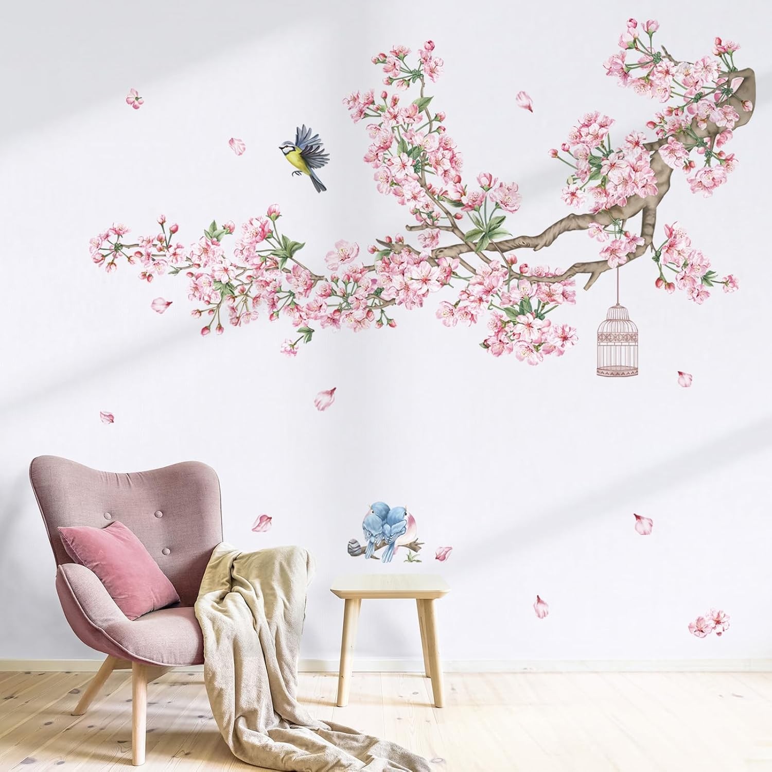 decalmile Cherry Blossom Tree Branch Wall Decals Pink Flower Birds Wall Stickers