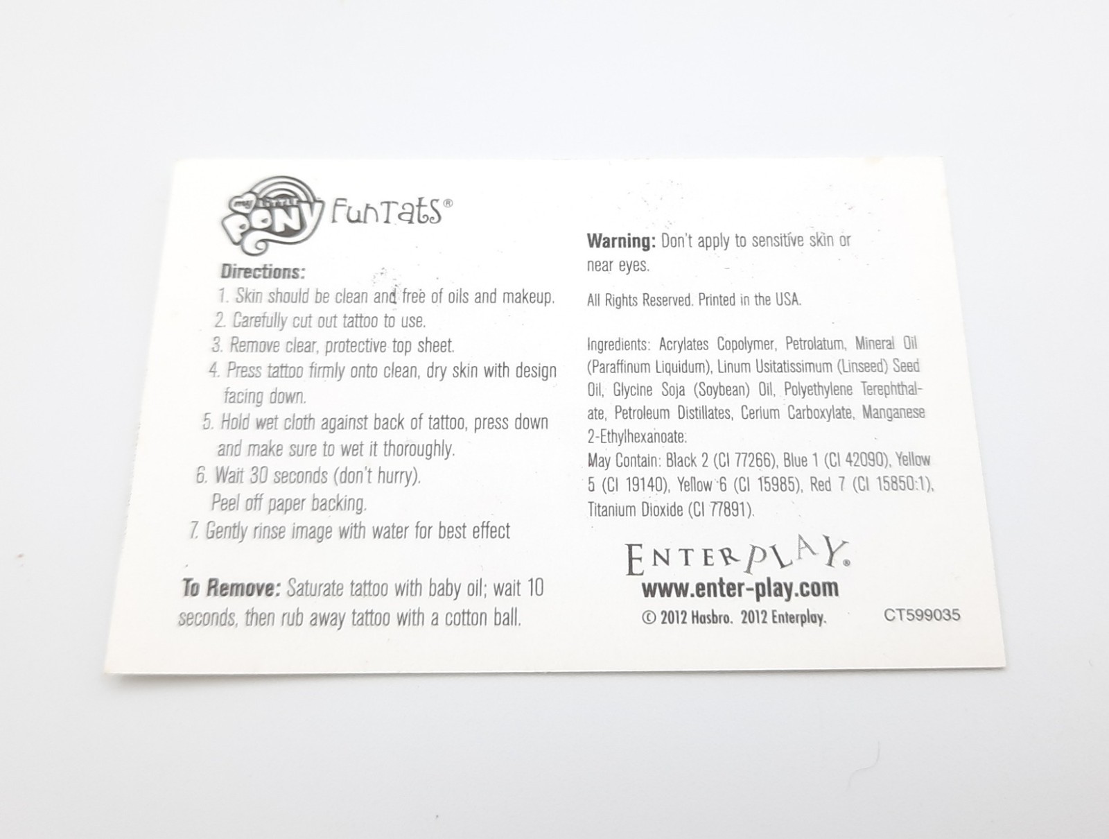 My Little Pony Fun Tats temporary tattoo set Rarity Fluttershy CMC FIM Enterplay