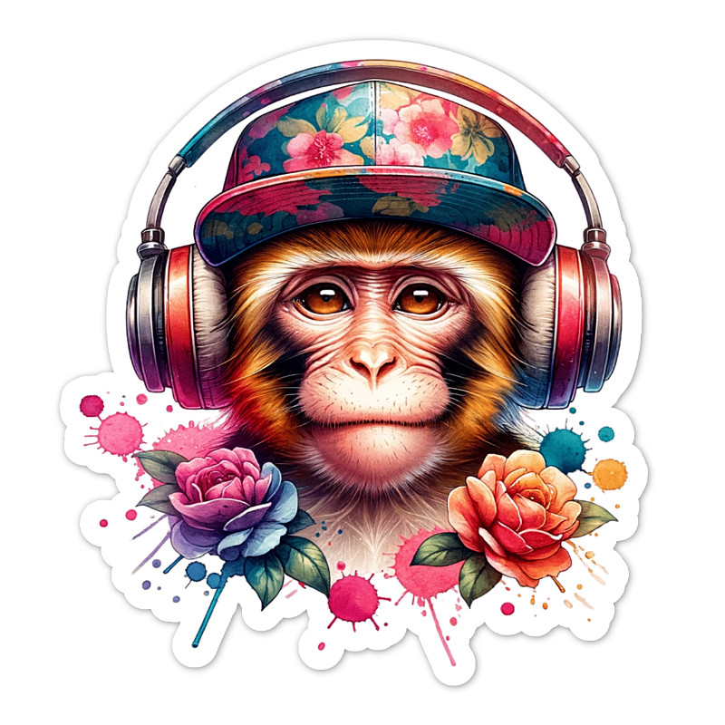 Monkey and Headphones Vinyl Sticker, Water Resistant, Laptop, Water Bottle