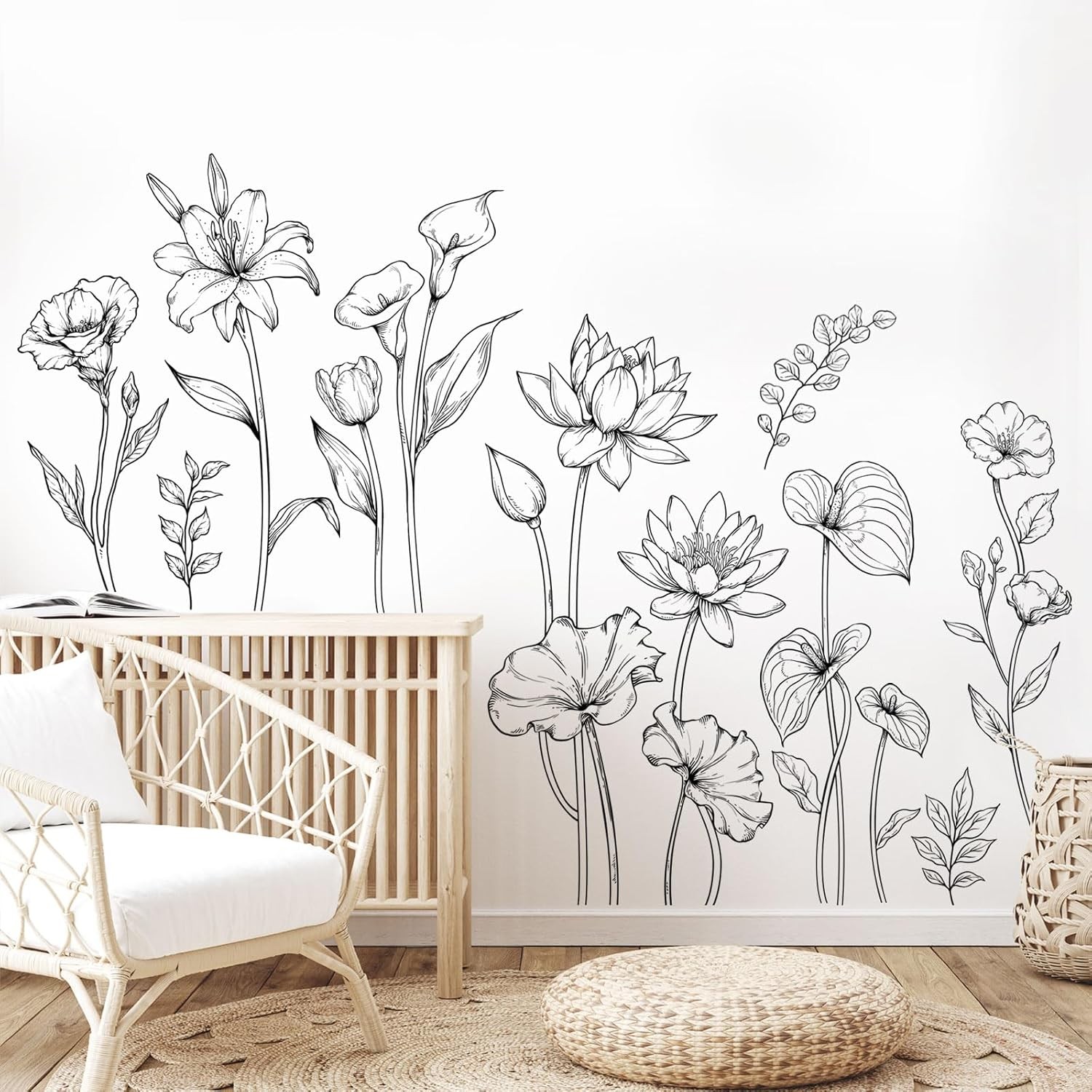 Large Black and White Flower Wall Decals Simple Modern Multi-colored