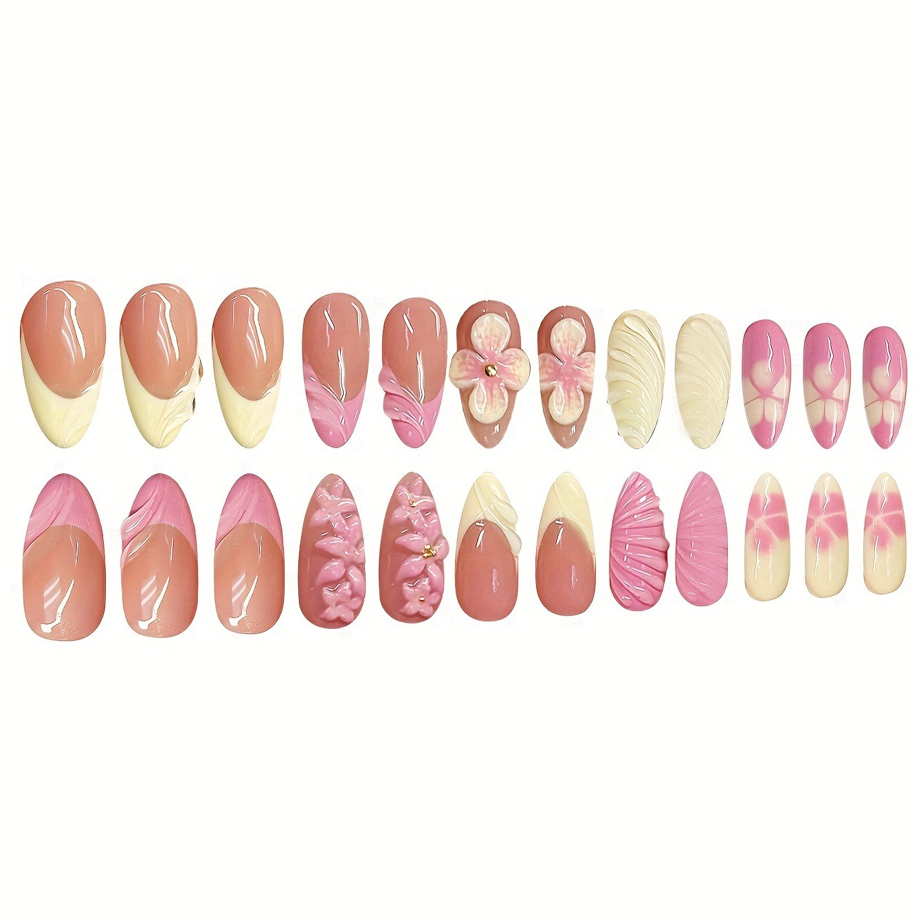 Summer Painted Flower Press-on Nails French Almond Style