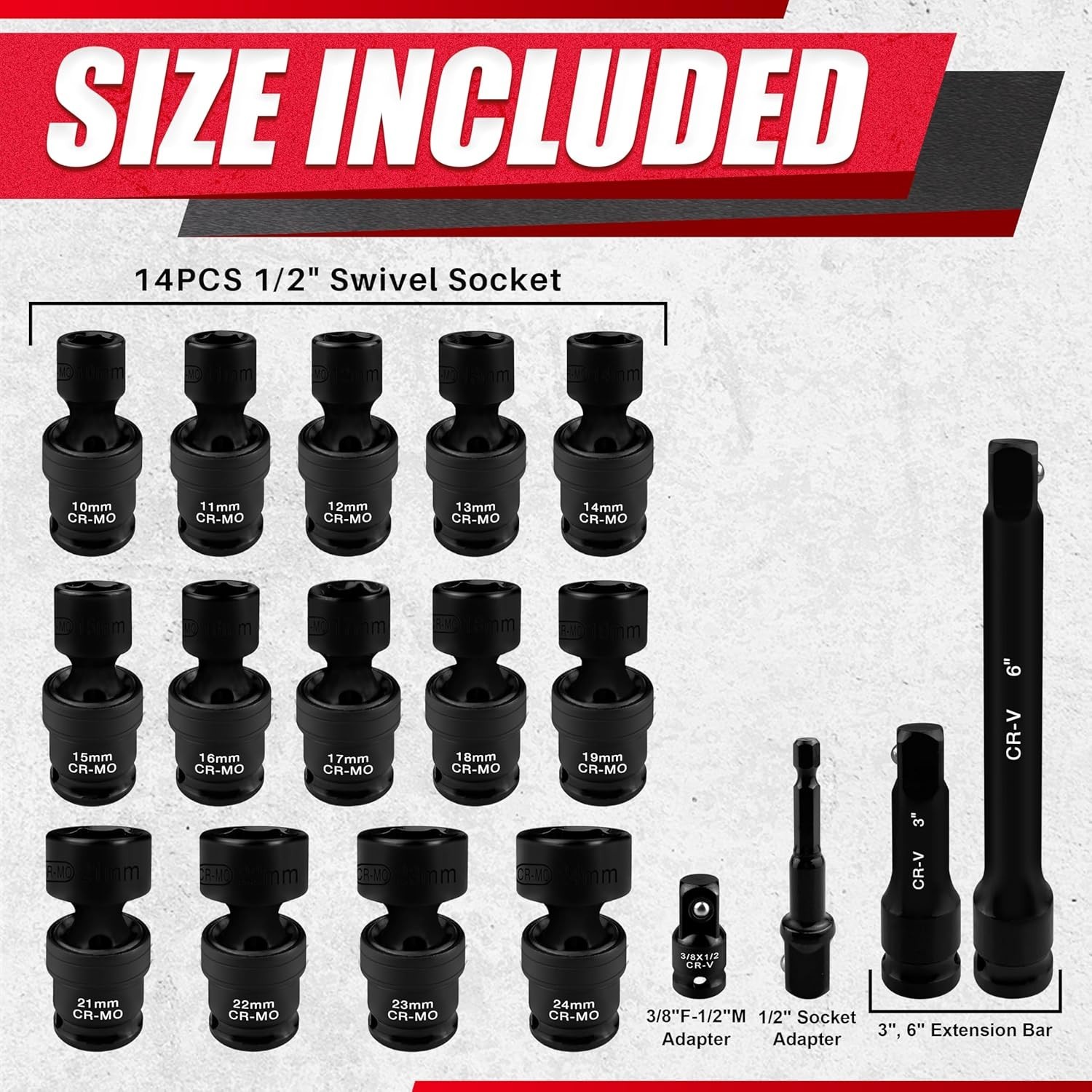 18-Piece 1/2" Drive Shallow Impact Socket Set, Metric Wobble & Swivel Sockets, 1