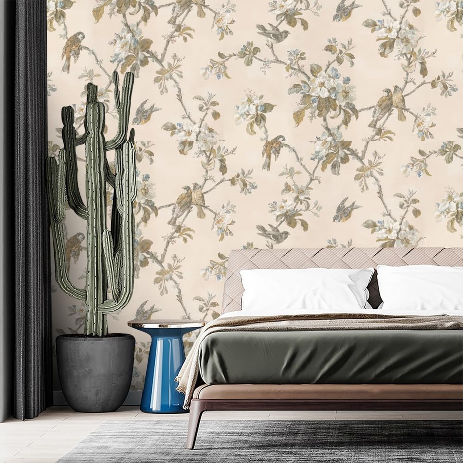 Vintage Floral Peel and Stick Wallpaper, Flowers and Birds, Self-Adhesive, Re…