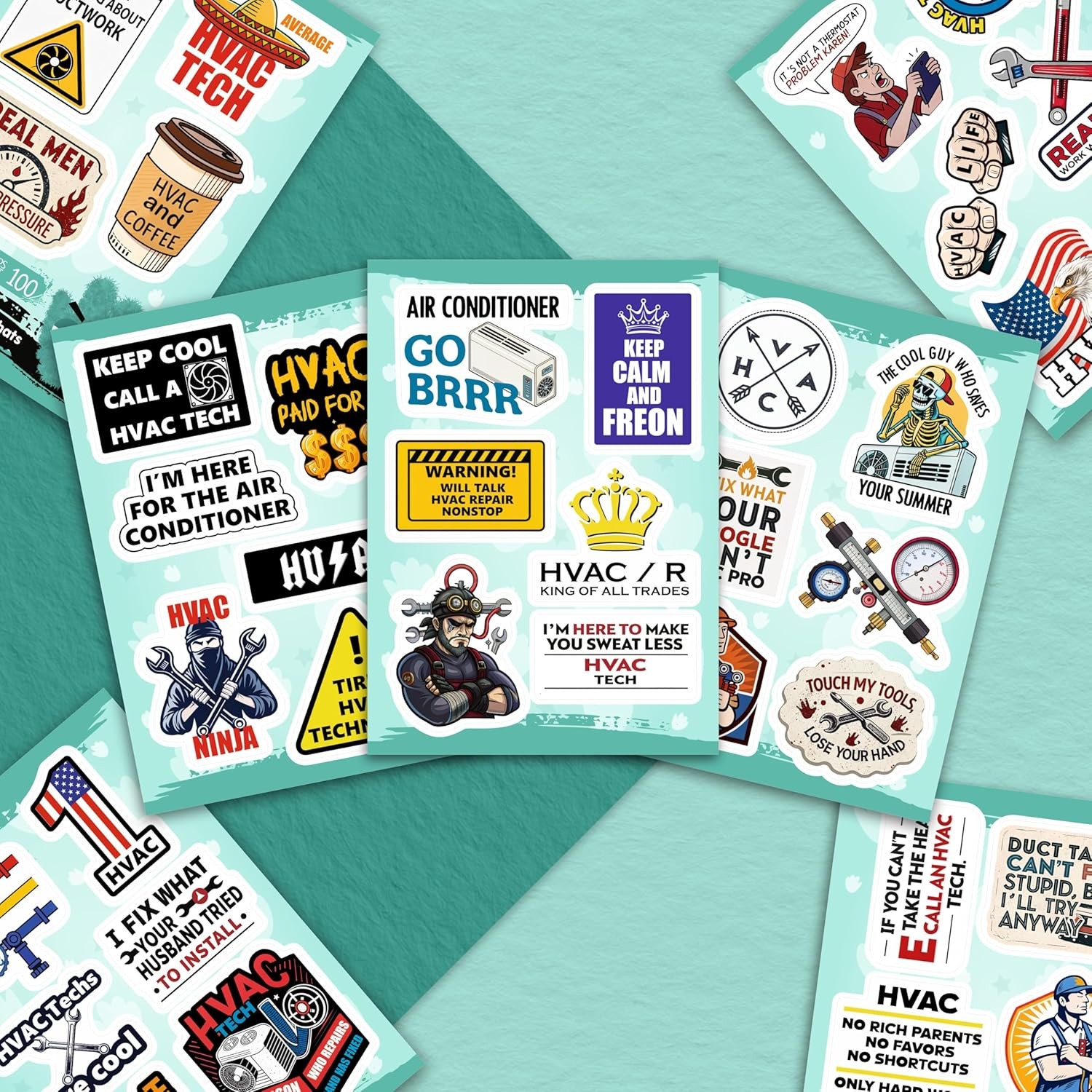 100Pcs HVAC Stickers Hard Hat, Water Bottle, Laptop – HVAC Toolbox Decals –