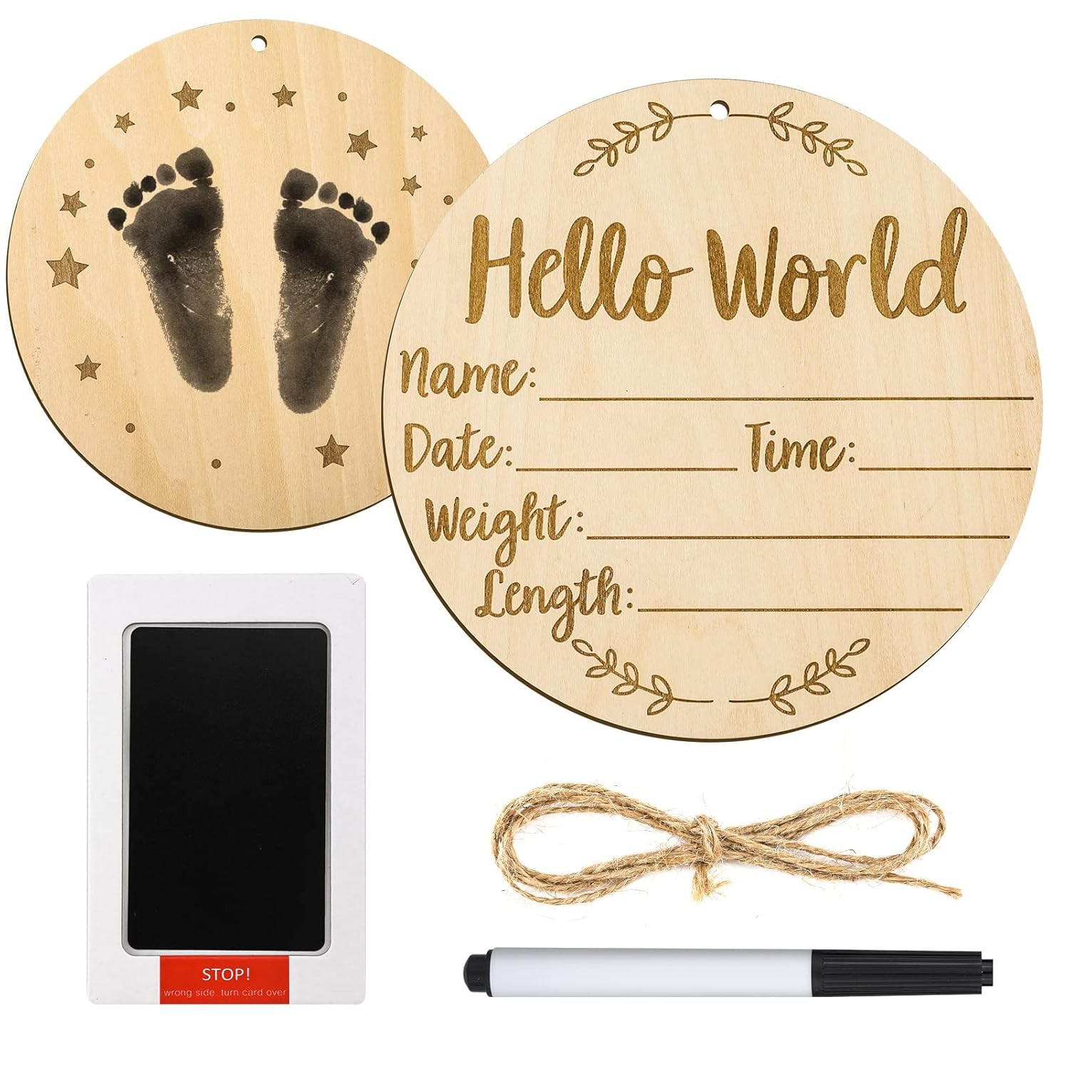 Baby Announcement Sign Wooden Newborn Name Plate with Ink Pad for Hand Footprint